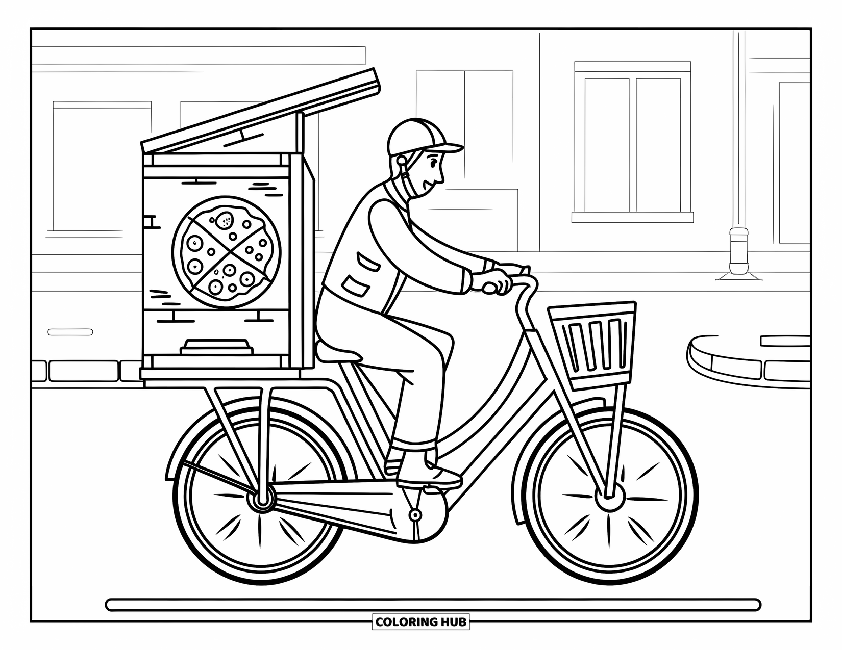 Pizza Kleurplaat voor Kinderen: Een pizzabezorger die door een straat fietst met een pizzadoos achterop