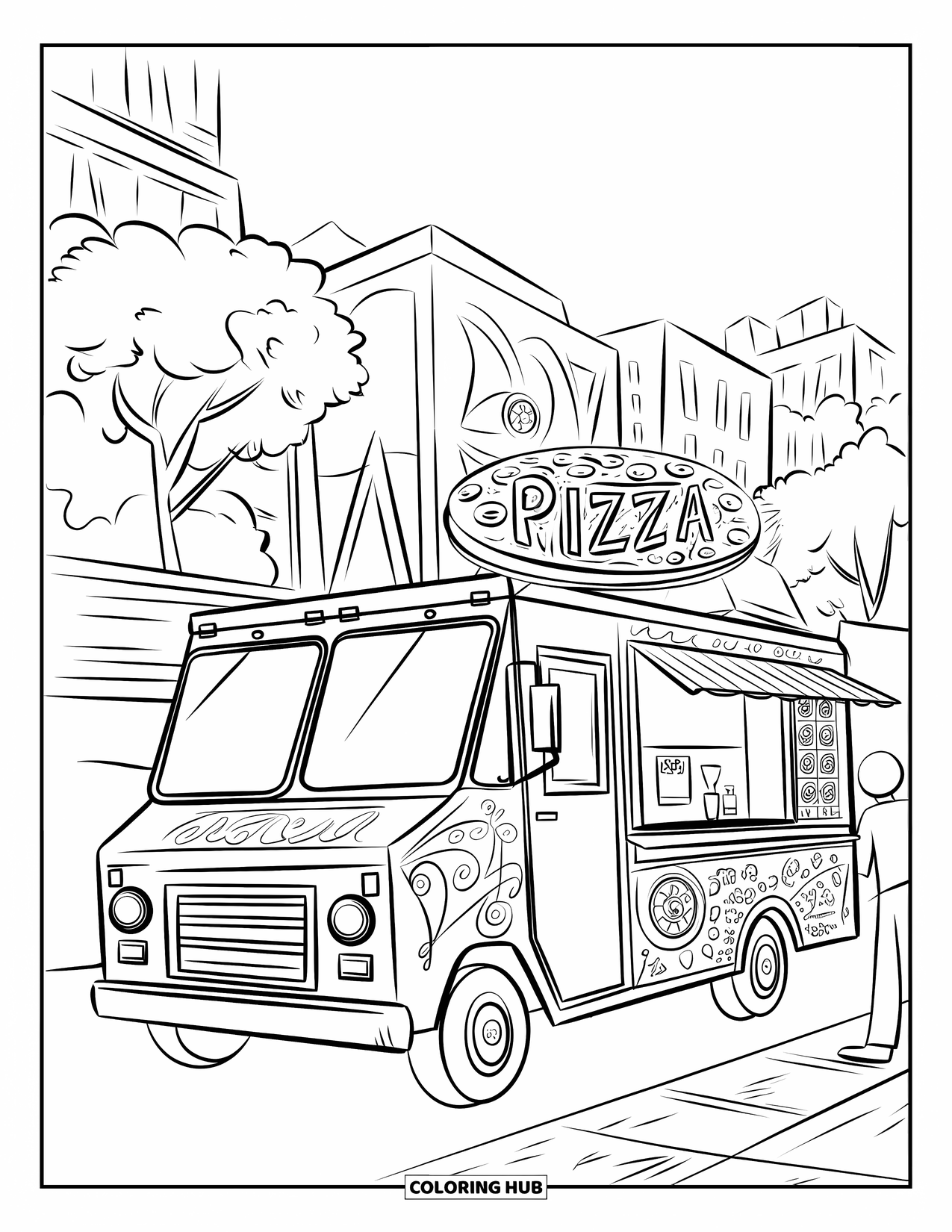 Pizza Kleurplaat voor Kinderen: Een pizza foodtruck geparkeerd in een stadsstraat met artistieke letters en een bedieningsraam