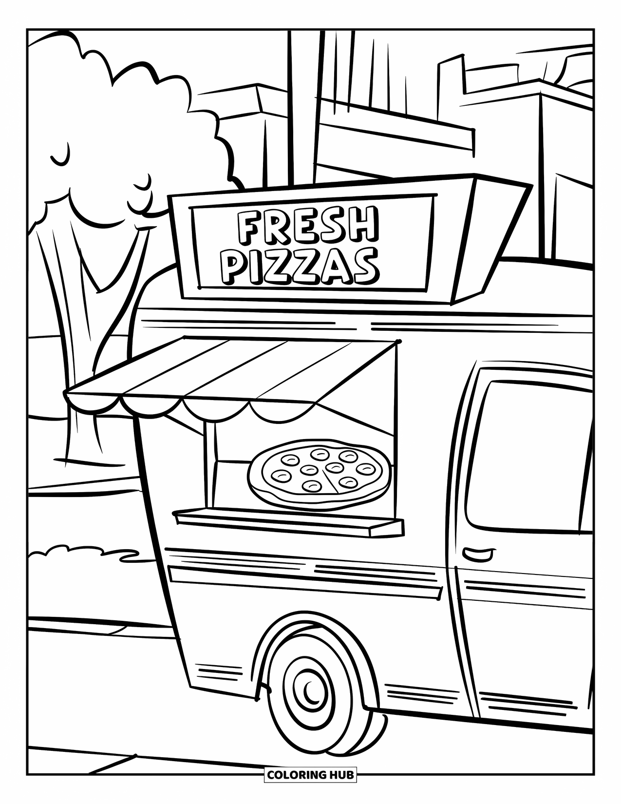 Pizza Kleurplaat voor Kinderen: Een pizza foodtruck met een open raam, een bord met de tekst "Verse Pizza's" en een stadsachtergrond