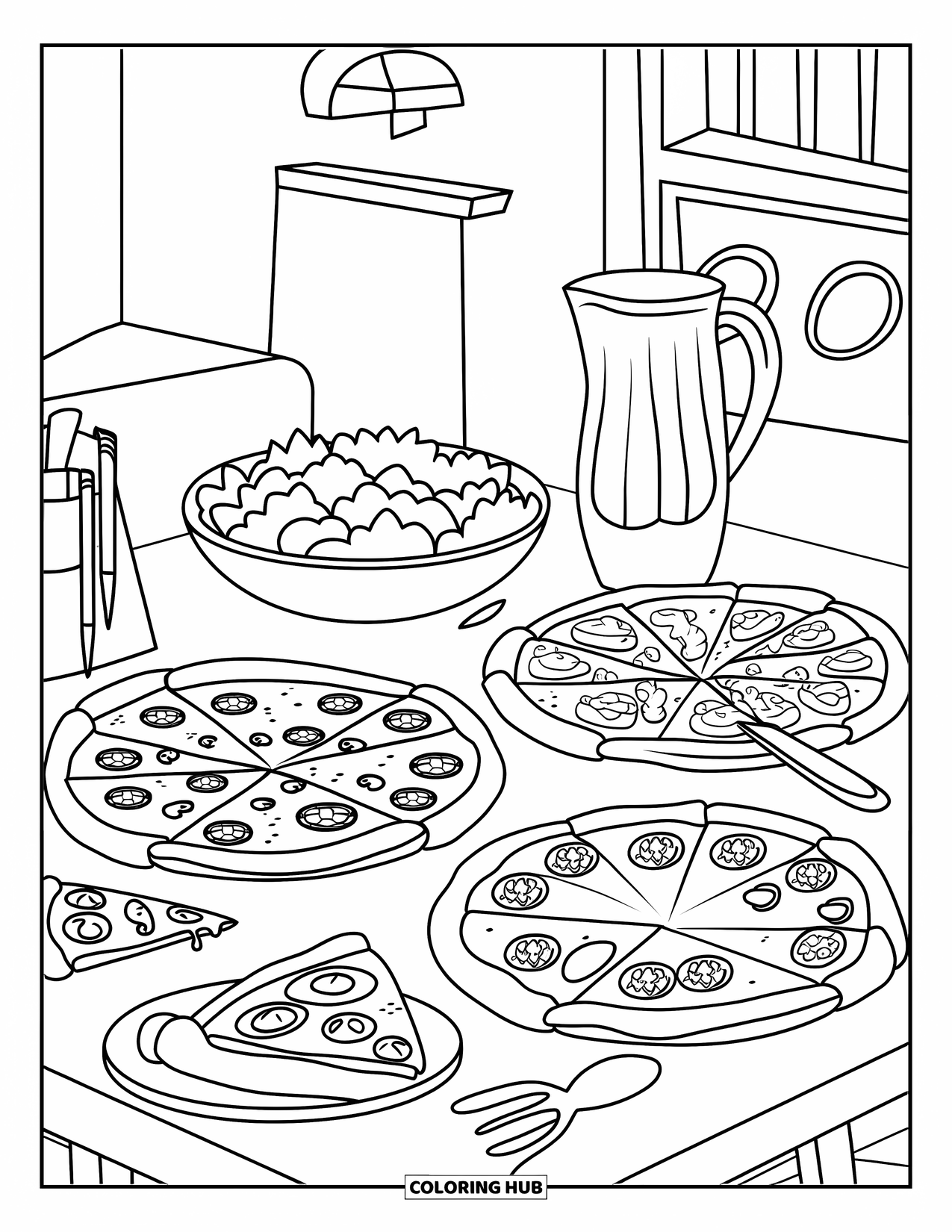 Pizza Kleurplaat voor Kinderen: Een pizzafeest met verschillende pizza's, keukengerei en een gezellige achtergrond voor een leuke bijeenkomst