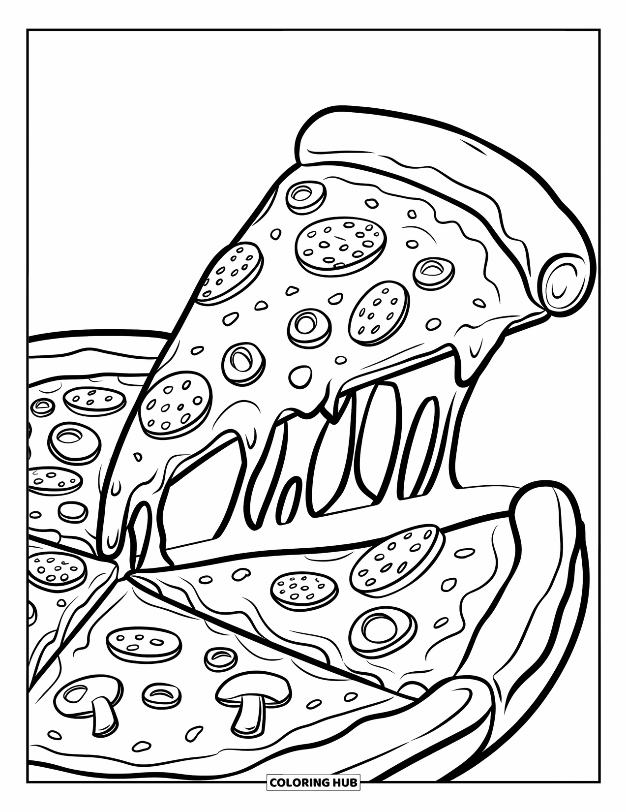 Pizza Kleurplaat voor Kinderen: Een pizzapunt die wordt getrokken met rekbare kaas en gedetailleerde toppings, perfect om in te kleuren