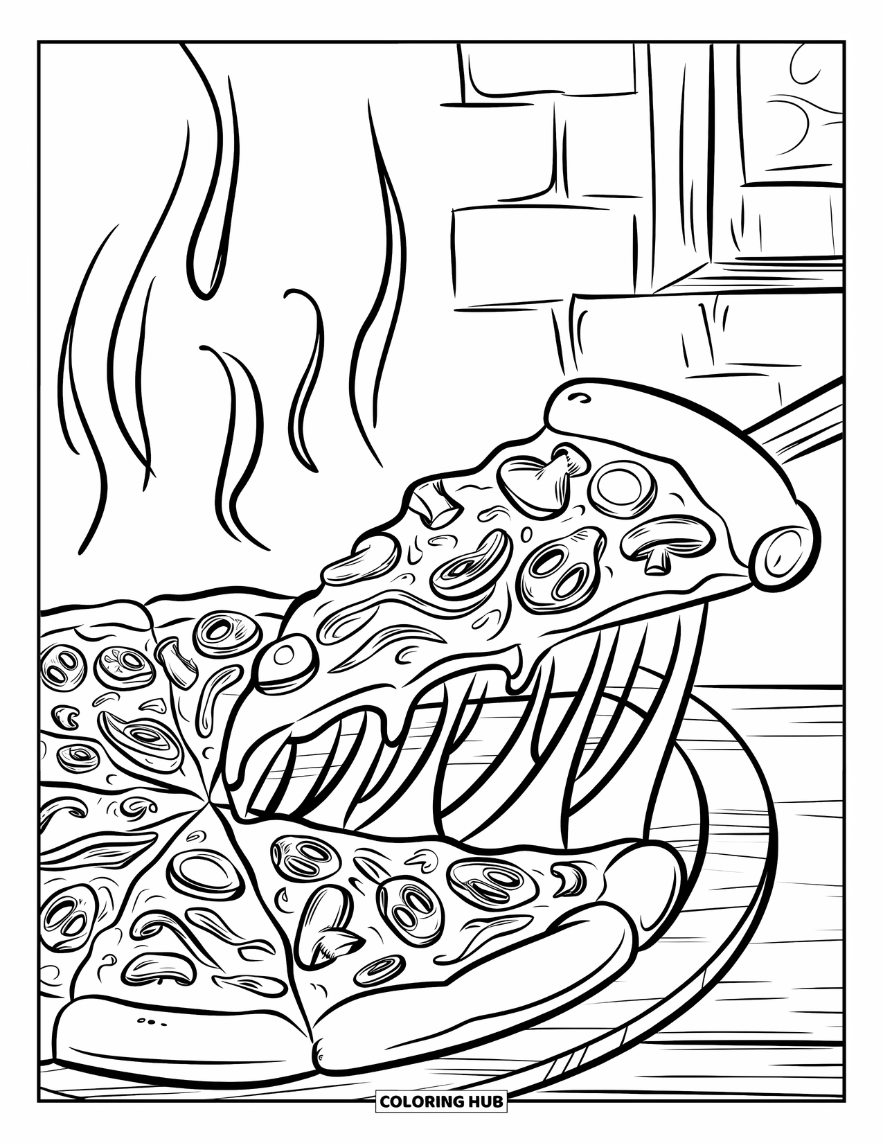 Pizza Kleurplaat voor Kinderen: Een pizzapunt met uitgerekte kaas op een houten plank, in een rustieke keuken