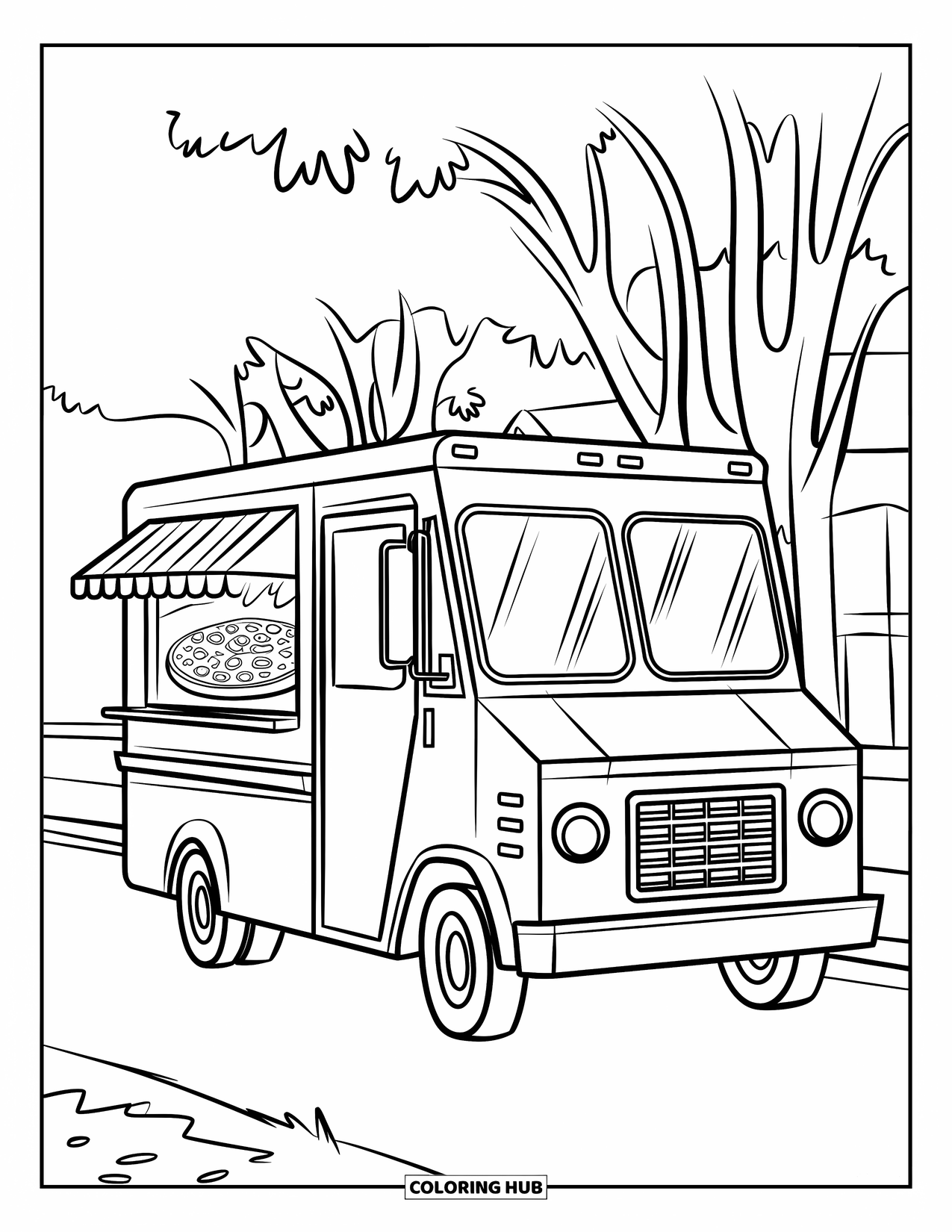 Pizza Kleurplaat voor Kinderen: Een pizzatruck geparkeerd langs een weg met een groot raam met daarin een verse pizza
