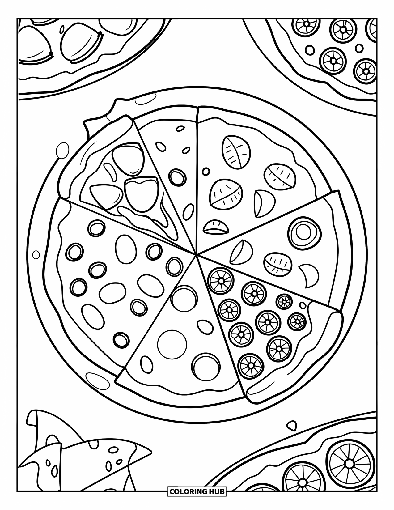 Pizza Kleurplaat voor Kinderen: Een pizza met vier unieke punten op een bord, met dikke lijnen voor eenvoudig kleuren