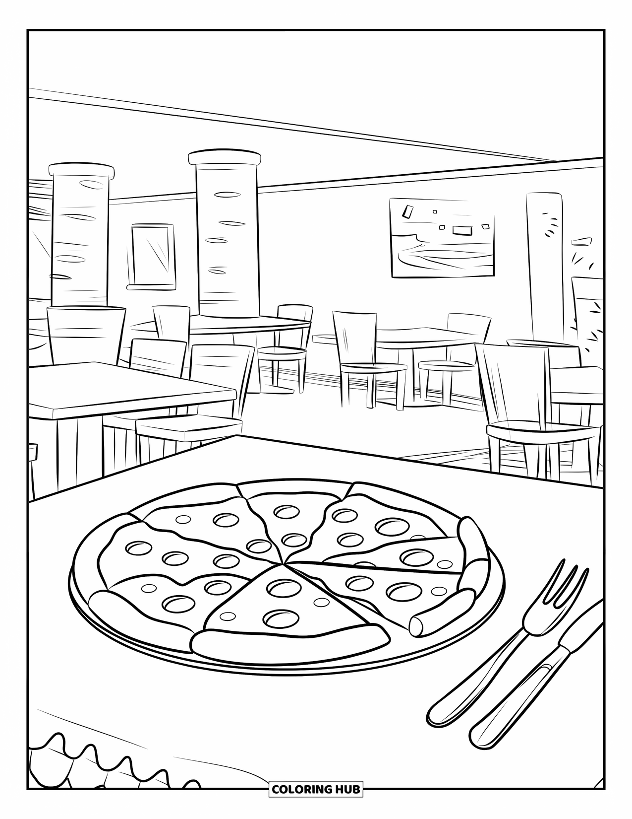 Pizza Kleurplaat voor Kinderen: Een pizza met ontbrekende stukken op een bord, omringd door een gezellige restaurantsfeer