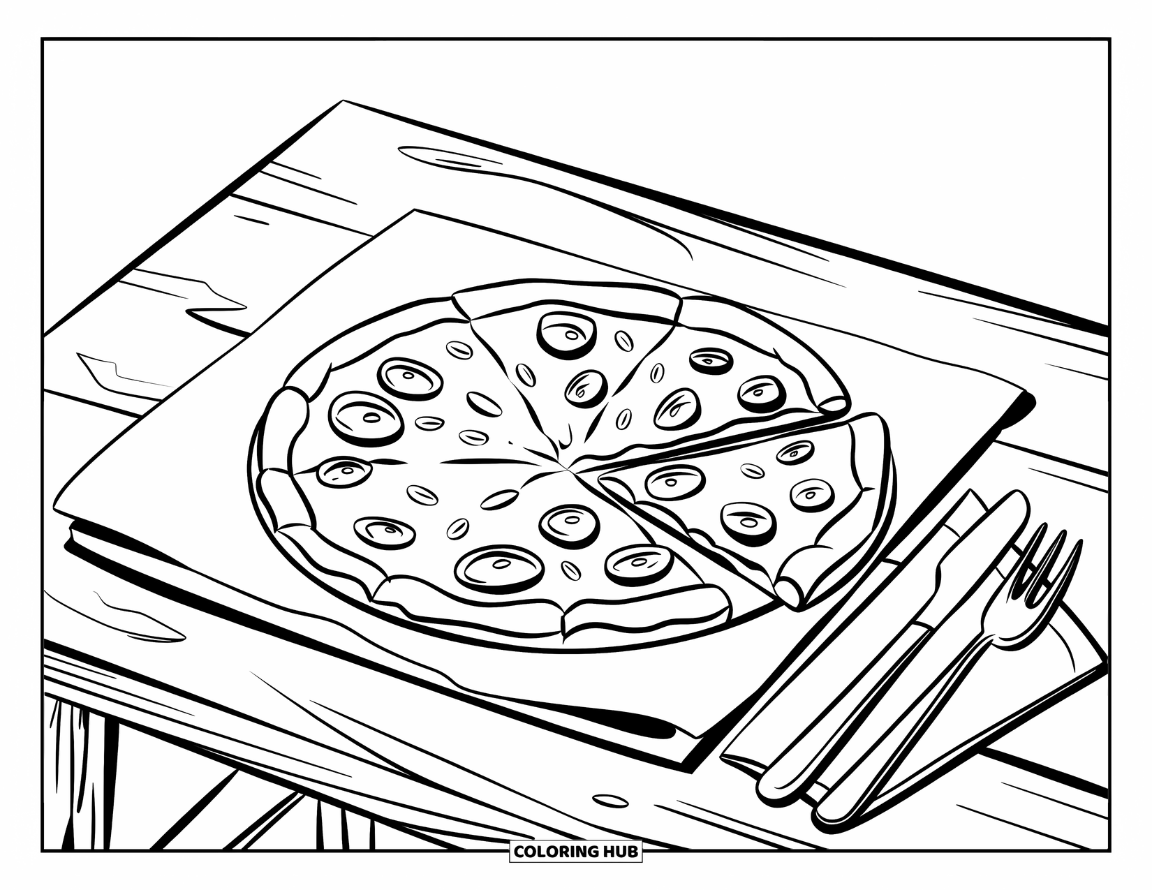 Pizza Kleurplaat voor Kinderen: Een pizza met ontbrekende stukken op een houten tafel, vergezeld van een vork, mes en servet