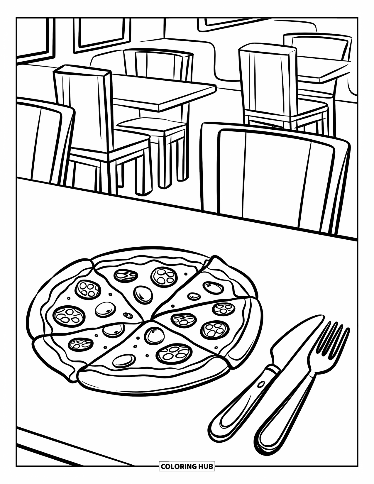 Pizza Kleurplaat voor Kinderen: Een bord pizza met keukengerei, in een charmant restaurant met tafels en stoelen