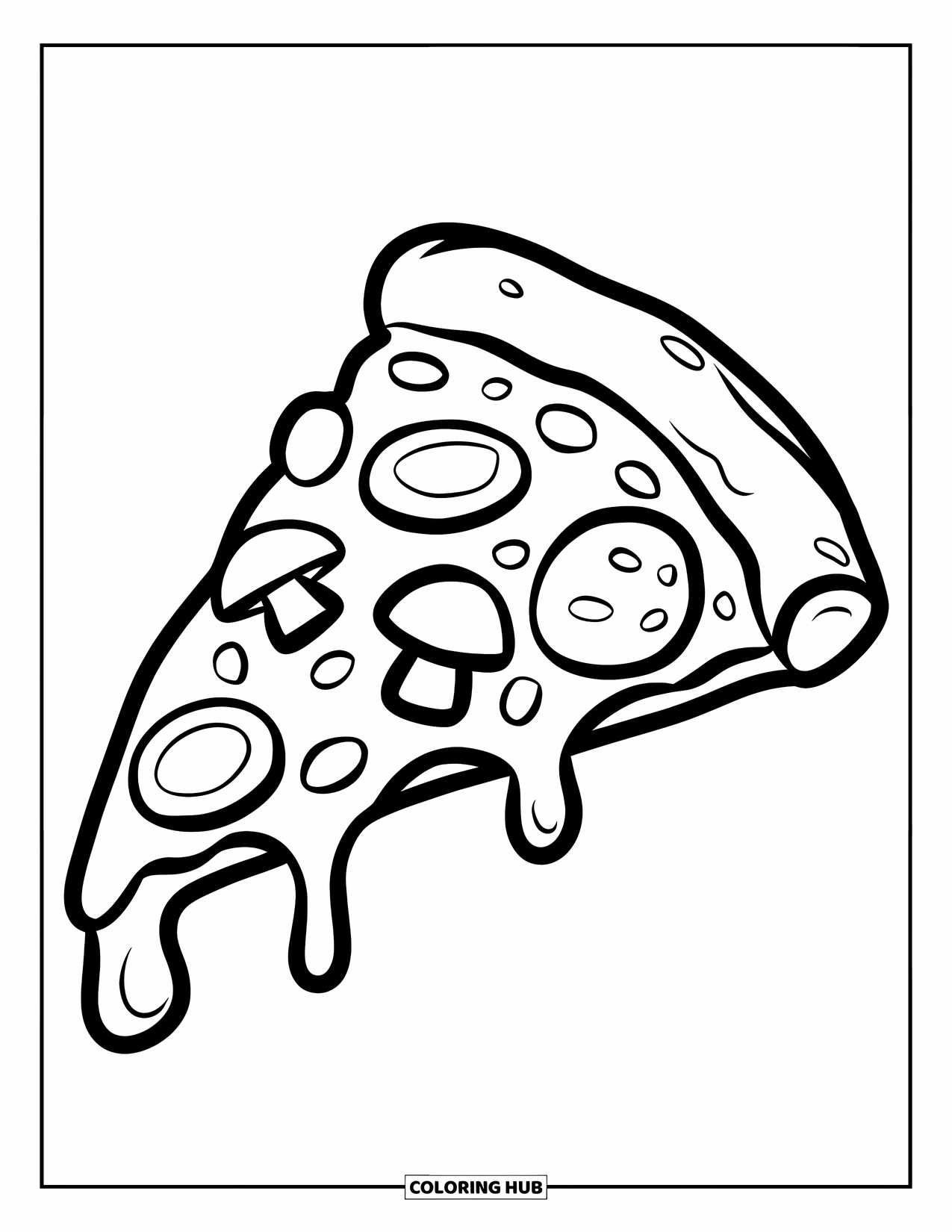 Pizza Kleurplaat voor Kinderen: Een speelse pizzapunt met grote, gemakkelijk in te kleuren toppings en dikke, vette lijnen