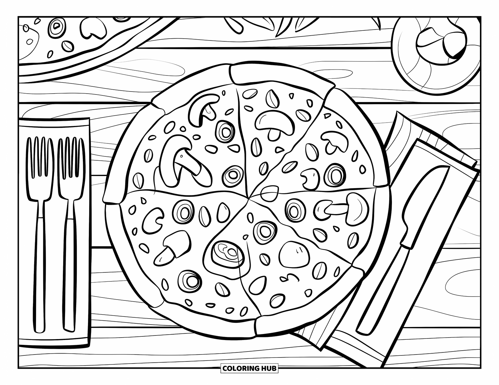 Pizza Kleurplaat voor Kinderen: Een ronde pizza met toppings op een houten tafel, met eenvoudige decoratieve elementen op de achtergrond