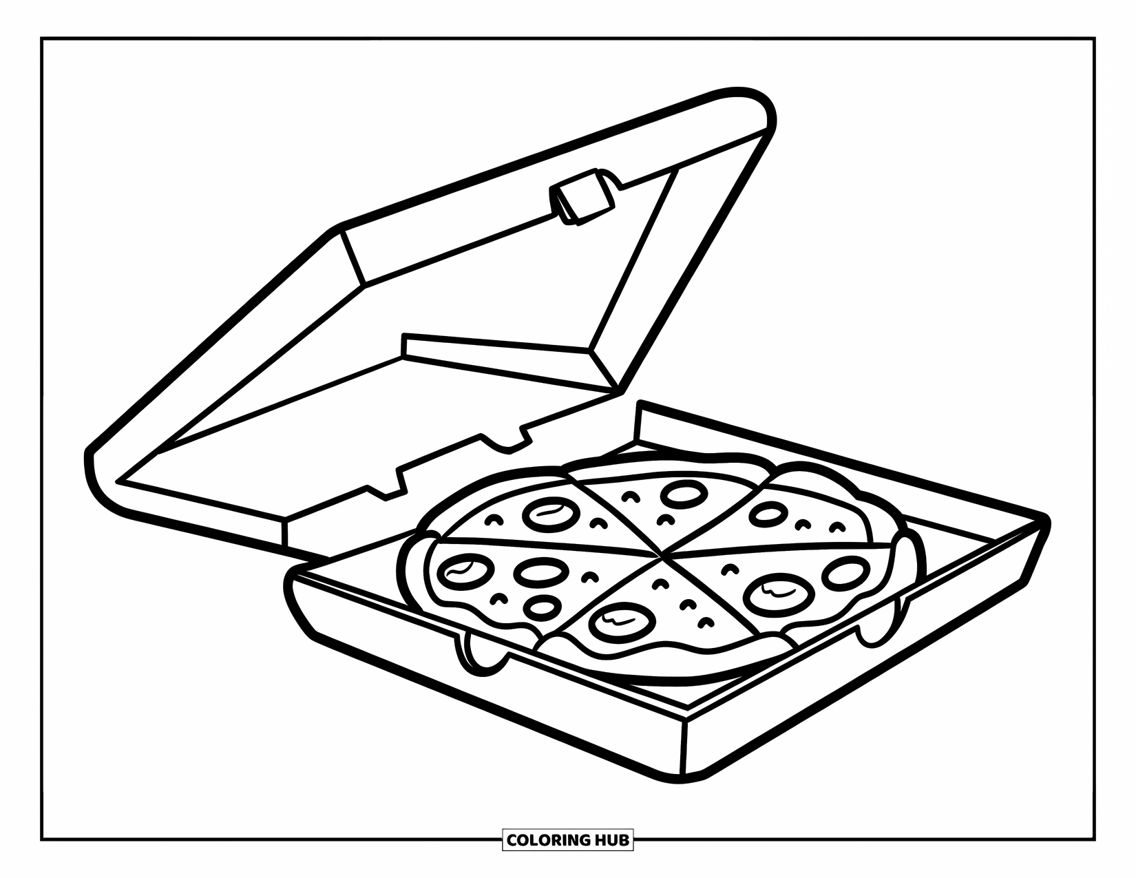 Pizza Kleurplaat voor Kinderen: Een eenvoudige illustratie van een pizzadoos met dikke lijnen, perfect voor jonge kinderen om in te kleuren