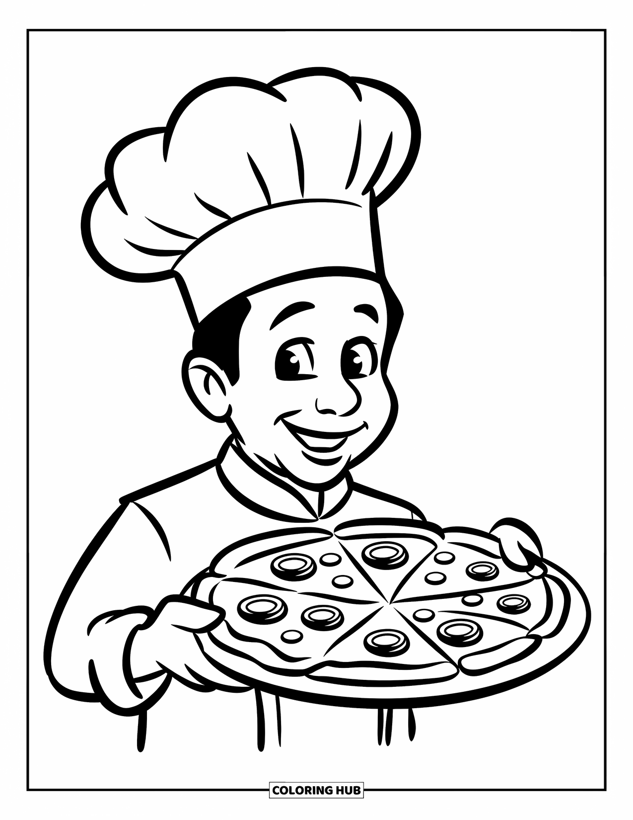 Pizza Kleurplaat voor Kinderen: Een lachende pizzabakker met een dienblad met een vers gebakken pizza, met een hoge koksmuts