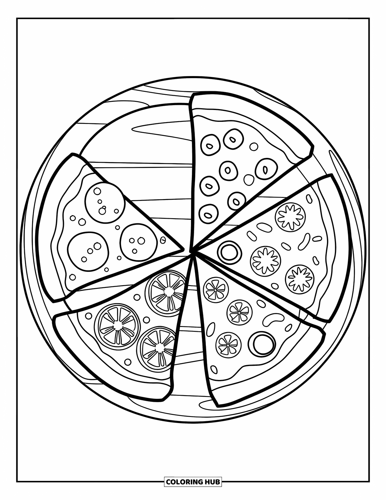 Pizza Kleurplaat voor Kinderen: Een hele pizza met vier punten, elk met verschillende toppings, geplaatst op een houten schaal