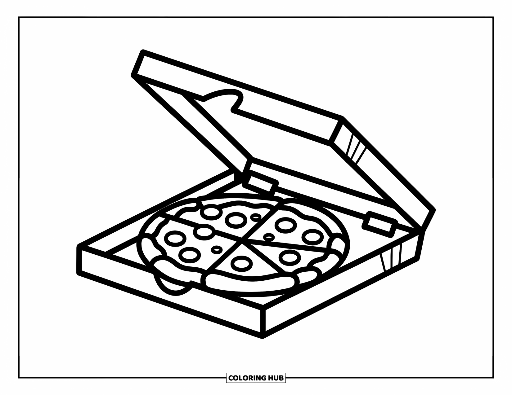 Pizza Kleurplaat voor Kinderen: Een open pizzadoos met een verse pizza erin, ontworpen voor een gemakkelijke en leuke kleurervaring