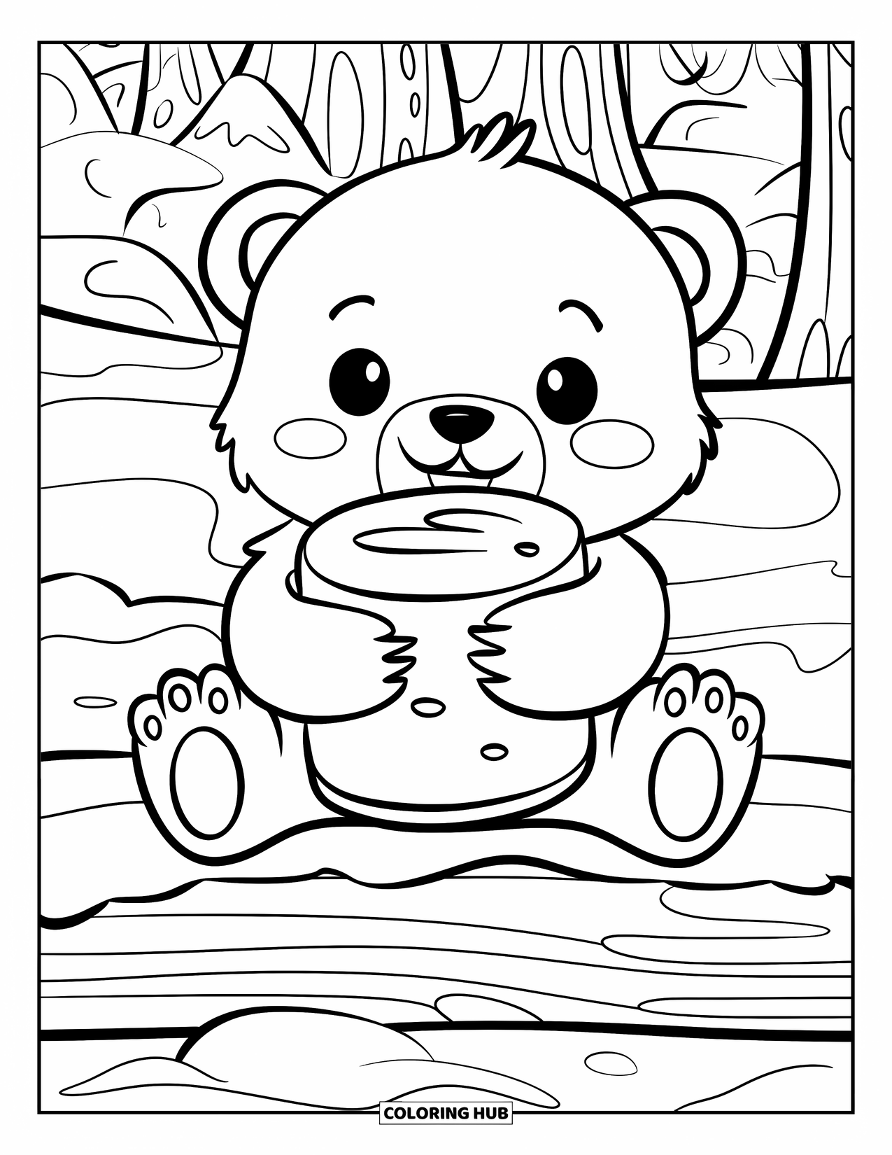 Kolorowanka z niedźwiedziem polarnym dla dorosłych: Mały niedźwiadek polarny siedzi na pokrytym śniegiem pniu, trzymając gigantyczny piankowy smakołyk