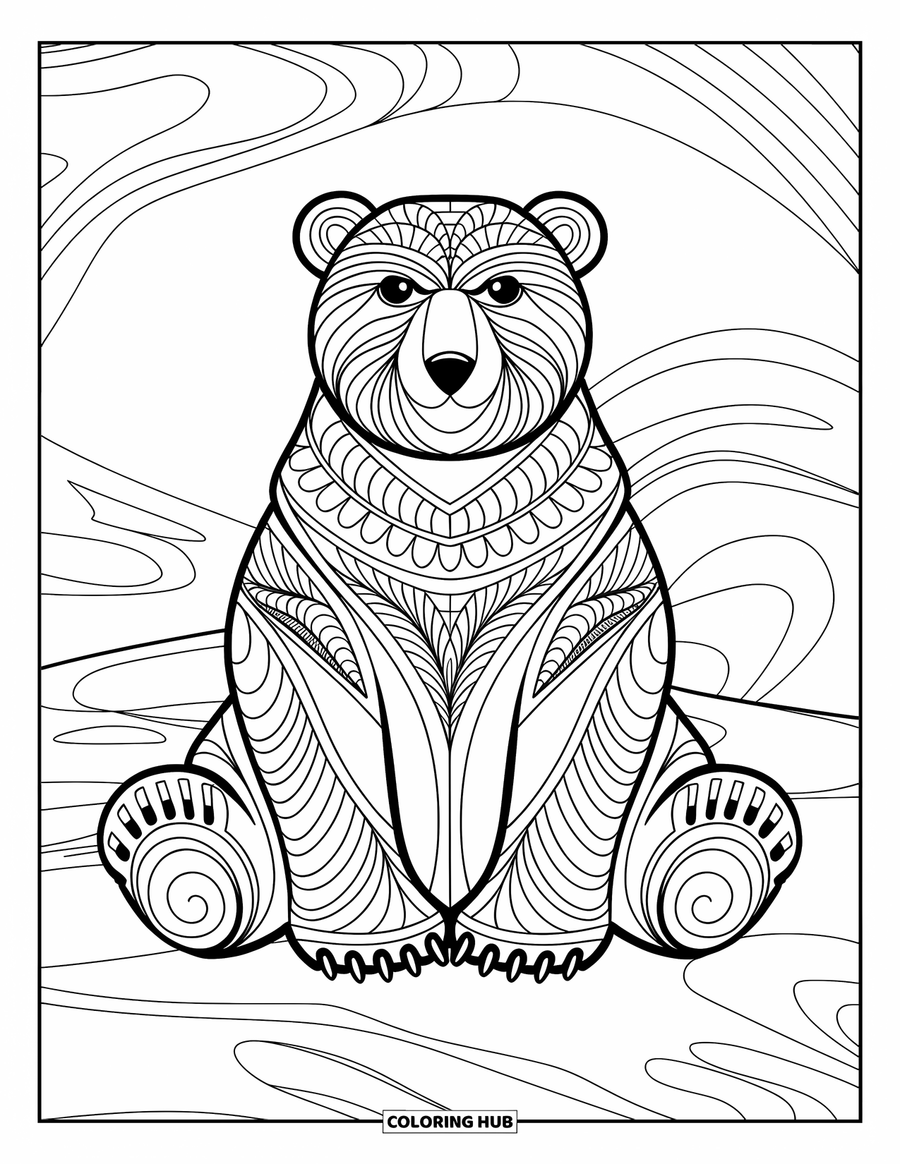 Kolorowanka z niedźwiedziem polarnym dla dorosłych: Pięknie wzorzysty niedźwiedź polarny siedzi na śnieżnym tle ze skomplikowanymi wzorami