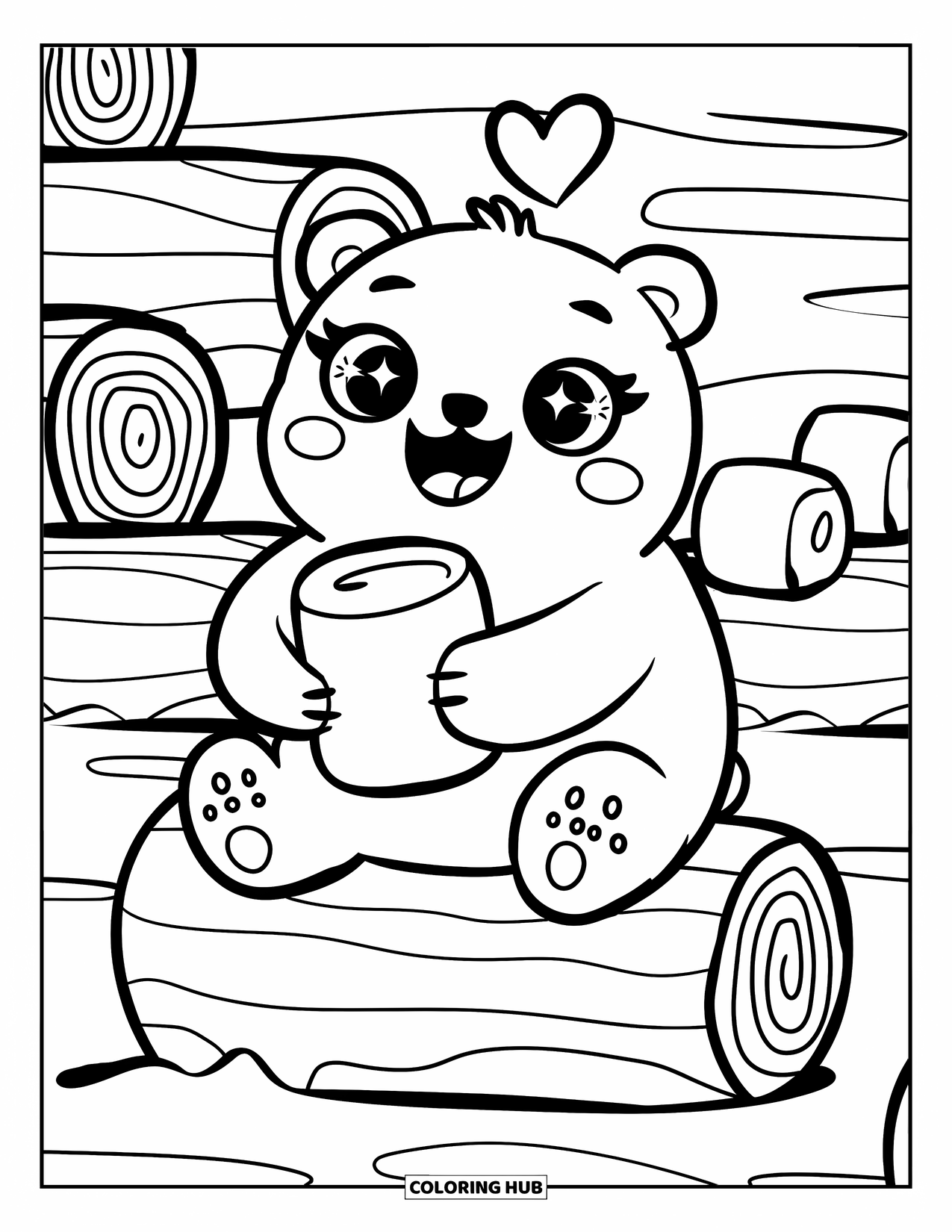 Kolorowanka z niedźwiedziem polarnym dla dorosłych: Radosny niedźwiedź polarny siedzi obok śnieżnego lasu, delektując się gigantycznym piankowym smakołykiem