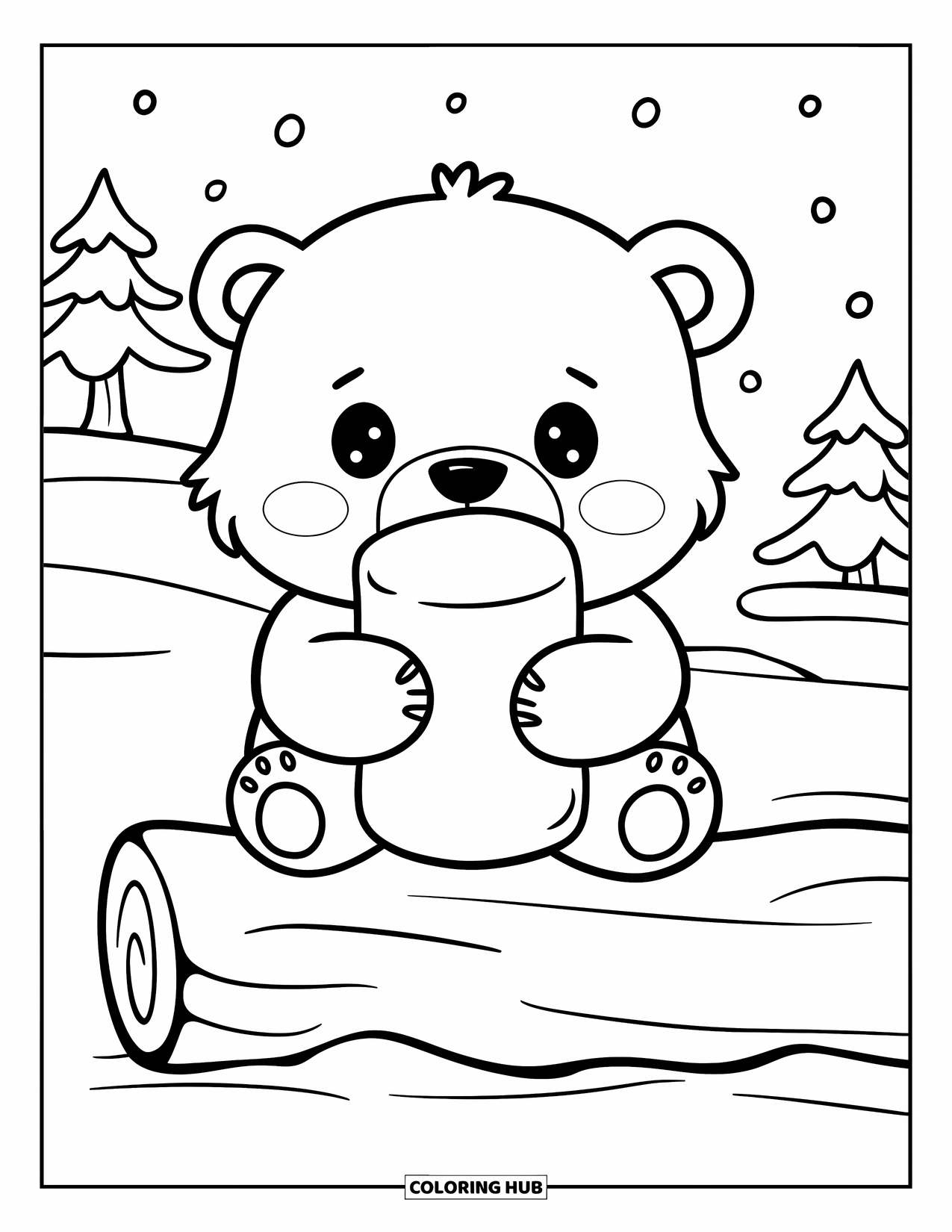 Kolorowanka z niedźwiedziem polarnym dla dorosłych: Pulchny niedźwiedź polarny z błyszczącymi oczami, przytula piankę obiema łapami