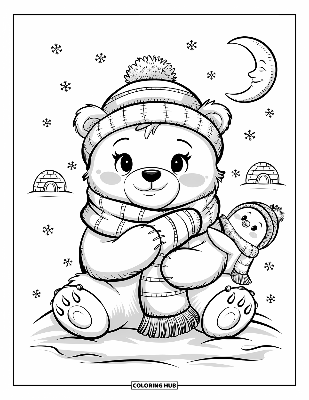 Kolorowanka z niedźwiedziem polarnym dla dorosłych: Przytulny niedźwiedź polarny otulony szalikiem, a pingwin figlarnie go za niego ciągnie