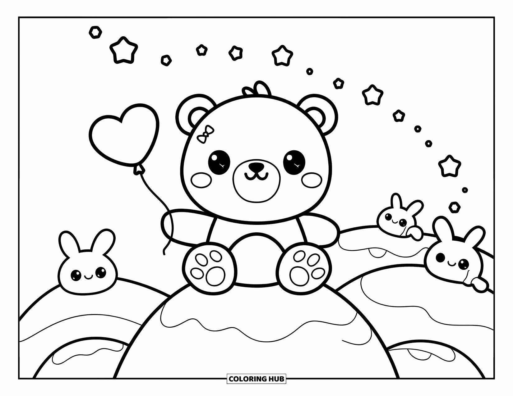 Kolorowanka z niedźwiedziem polarnym dla dorosłych: Przytulny niedźwiedź polarny z maleńką kokardką, otoczony pływającymi gwiazdami i wyglądającymi króliczkami śnieżnymi