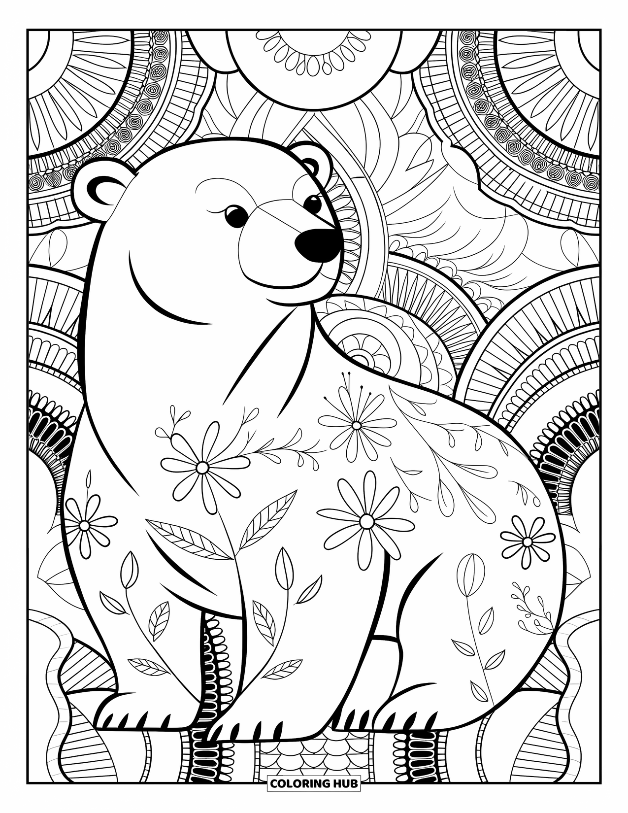 Kolorowanka z niedźwiedziem polarnym dla dorosłych: Ozdobny niedźwiedź polarny ze skomplikowanymi wzorami kwiatów i liści na szczegółowym tle