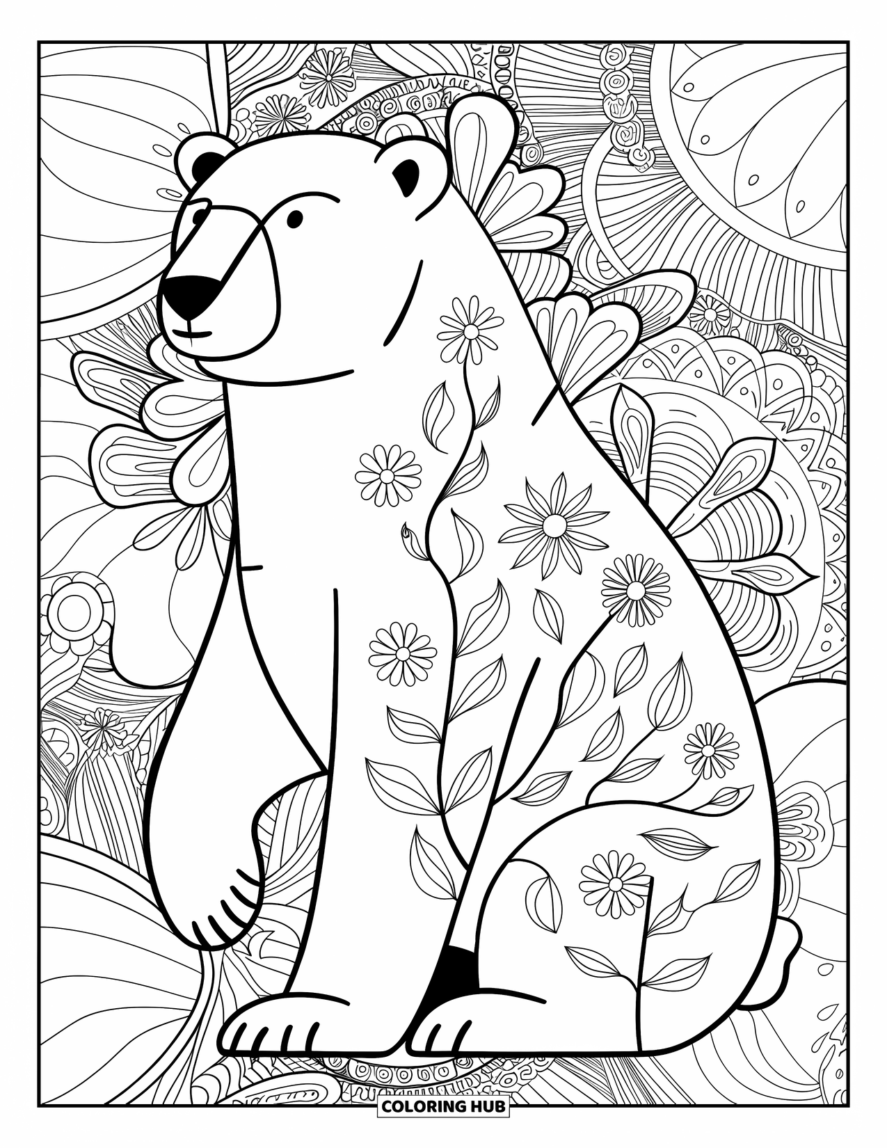 Kolorowanka z niedźwiedziem polarnym dla dorosłych: Niedźwiedź polarny inspirowany kwiatami, z delikatnymi wzorami kwiatów i liści pokrywającymi jego ciało
