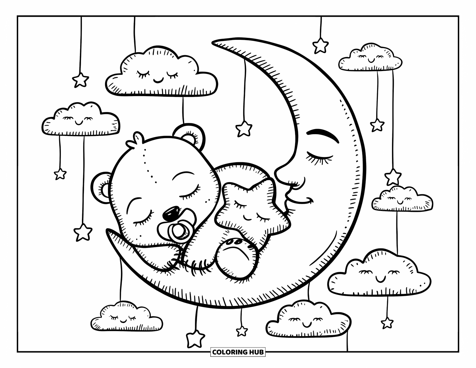 Kolorowanka z niedźwiedziem polarnym dla dorosłych: Puszysty mały niedźwiadek polarny odpoczywa na spokojnym księżycu, otoczony marzycielskimi, migoczącymi gwiazdami