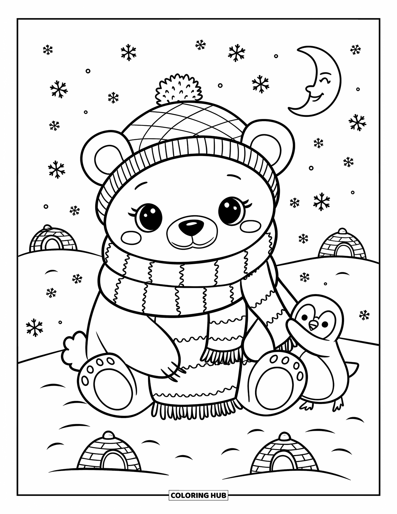 Kolorowanka z niedźwiedziem polarnym dla dorosłych: Puszysty mały niedźwiadek polarny otulony zimowymi ubraniami, otoczony maleńkimi igloo i uśmiechniętym księżycem