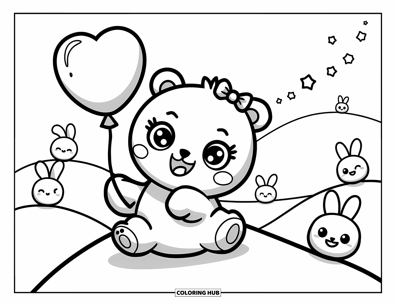 Kolorowanka z niedźwiedziem polarnym dla dorosłych: Radosny niedźwiedź polarny z balonem w kształcie serca, otoczony figlarnymi króliczkami śnieżnymi i migoczącymi gwiazdami