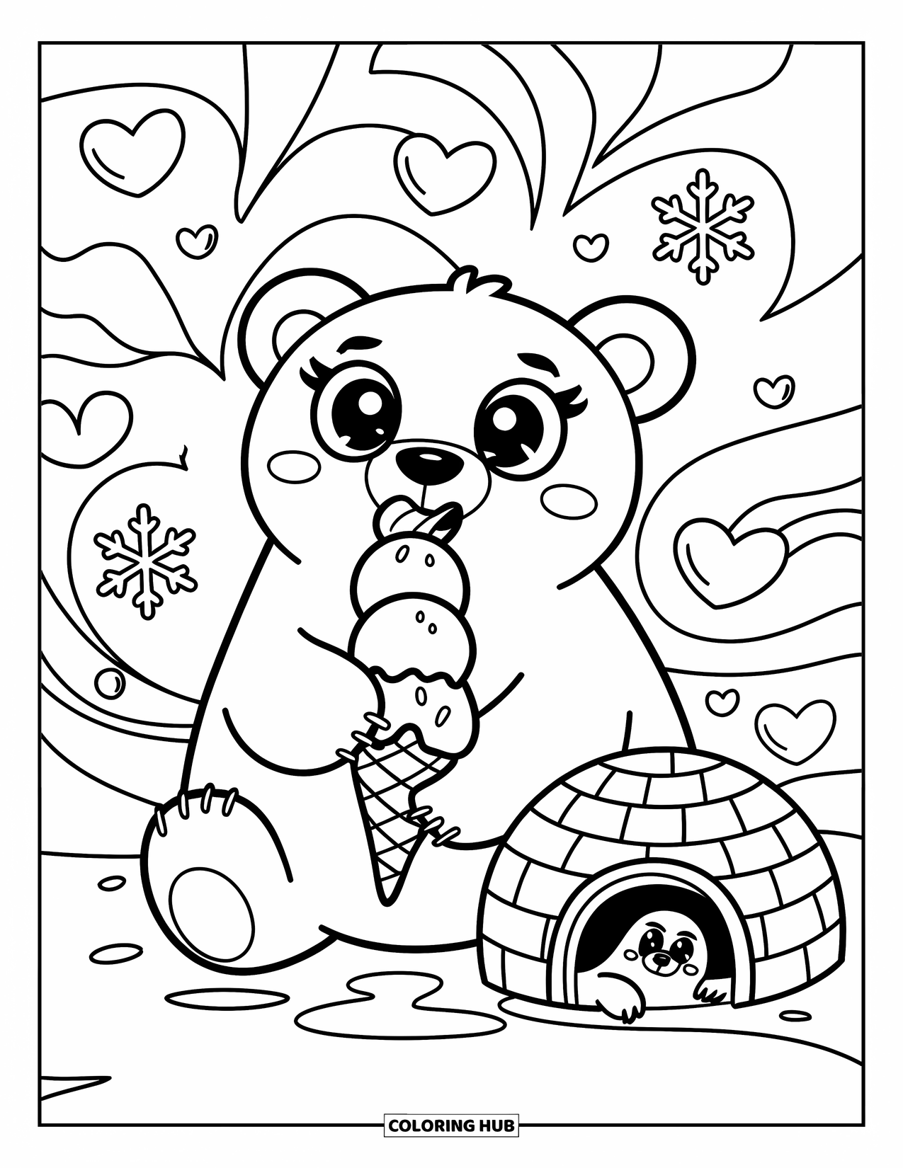 Kolorowanka z niedźwiedziem polarnym dla dorosłych: Radosny niedźwiedź polarny z dużymi oczami delektuje się lodami, otoczony pływającymi sercami