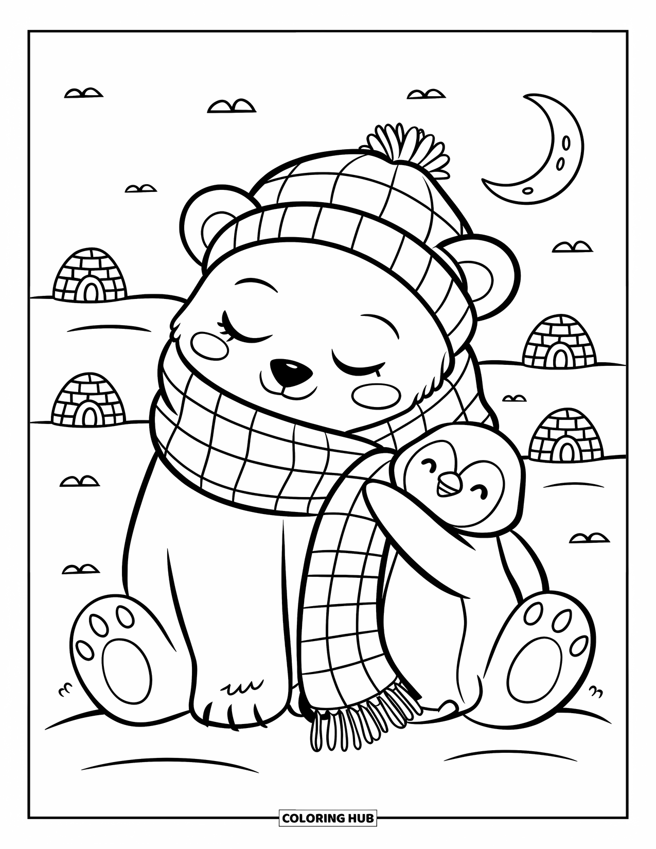 Kolorowanka z niedźwiedziem polarnym dla dorosłych: Radosny niedźwiedź polarny owinięty szalikiem, cieszy się śnieżną nocą z figlarnym przyjacielem pingwinem