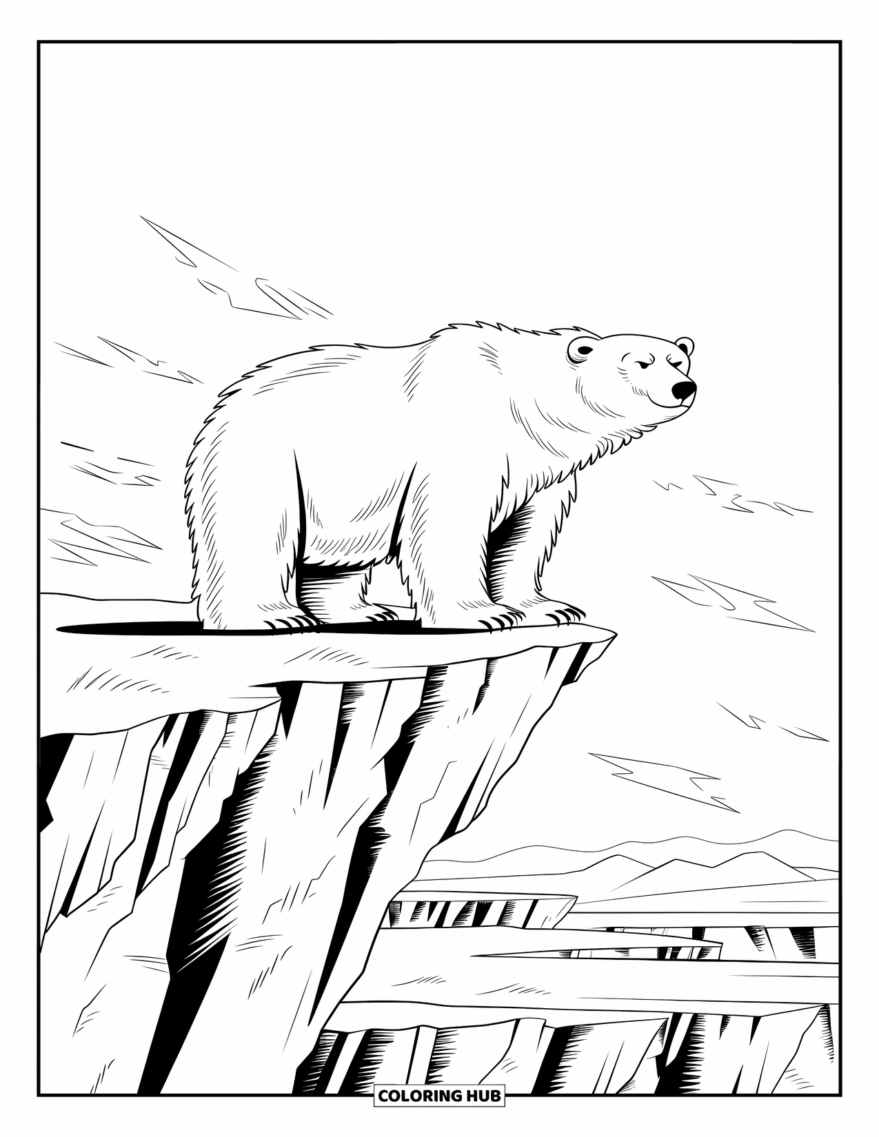 Kolorowanka z niedźwiedziem polarnym dla dorosłych: Majestatyczny niedźwiedź polarny stoi na lodowym klifie, otoczony rozległym arktycznym krajobrazem