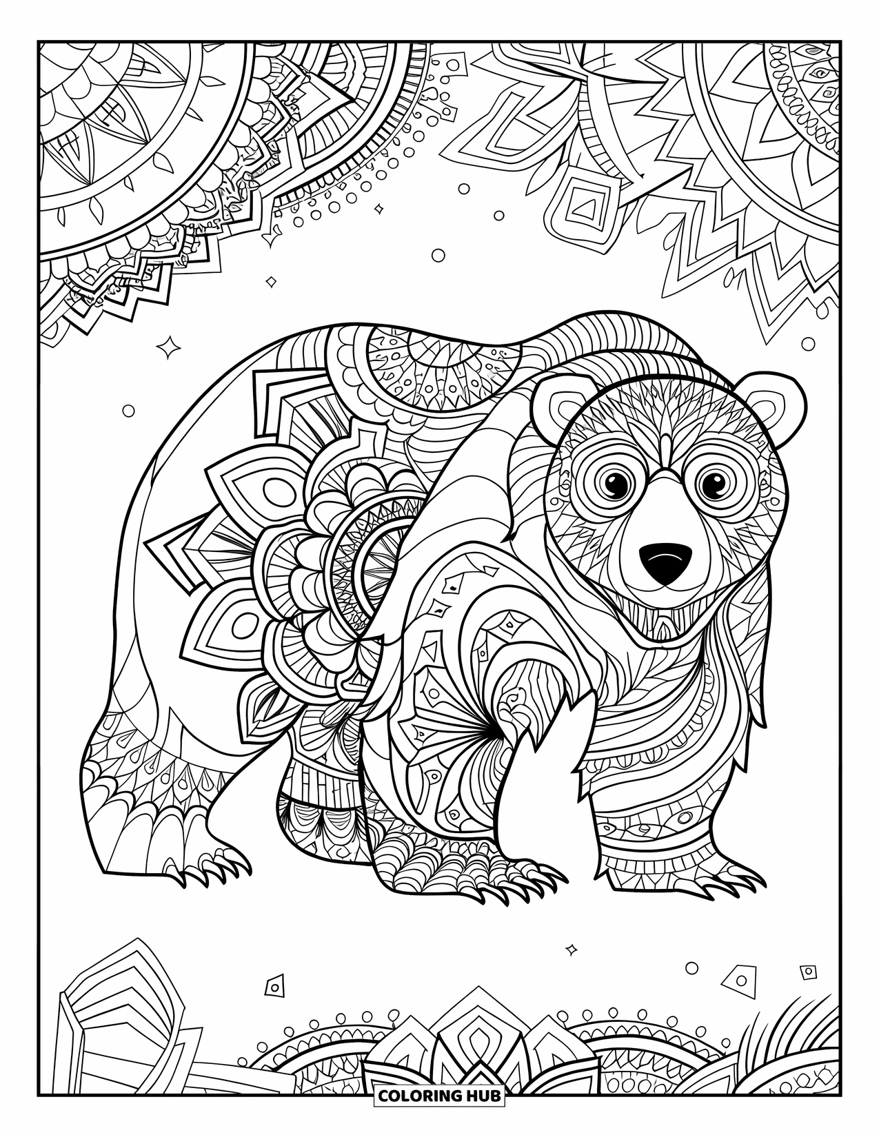 Kolorowanka z niedźwiedziem polarnym dla dorosłych: Niedźwiedź polarny w stylu mandali z wirującymi geometrycznymi wzorami pokrywającymi jego ciało