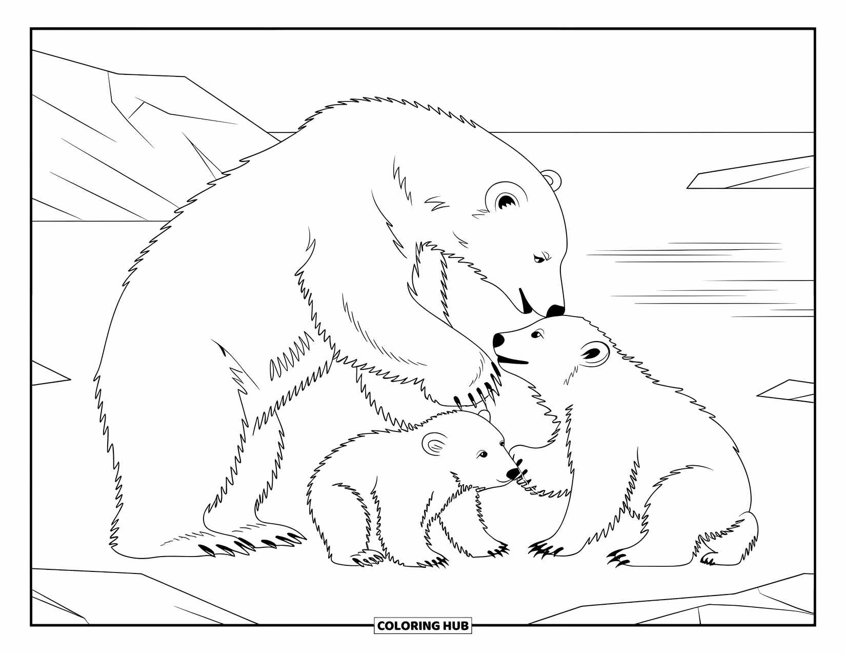Kolorowanka z niedźwiedziem polarnym dla dorosłych: Mama niedźwiedzica stoi na tylnych łapach, wyciągając ręce do swoich figlarnych małych niedźwiadków