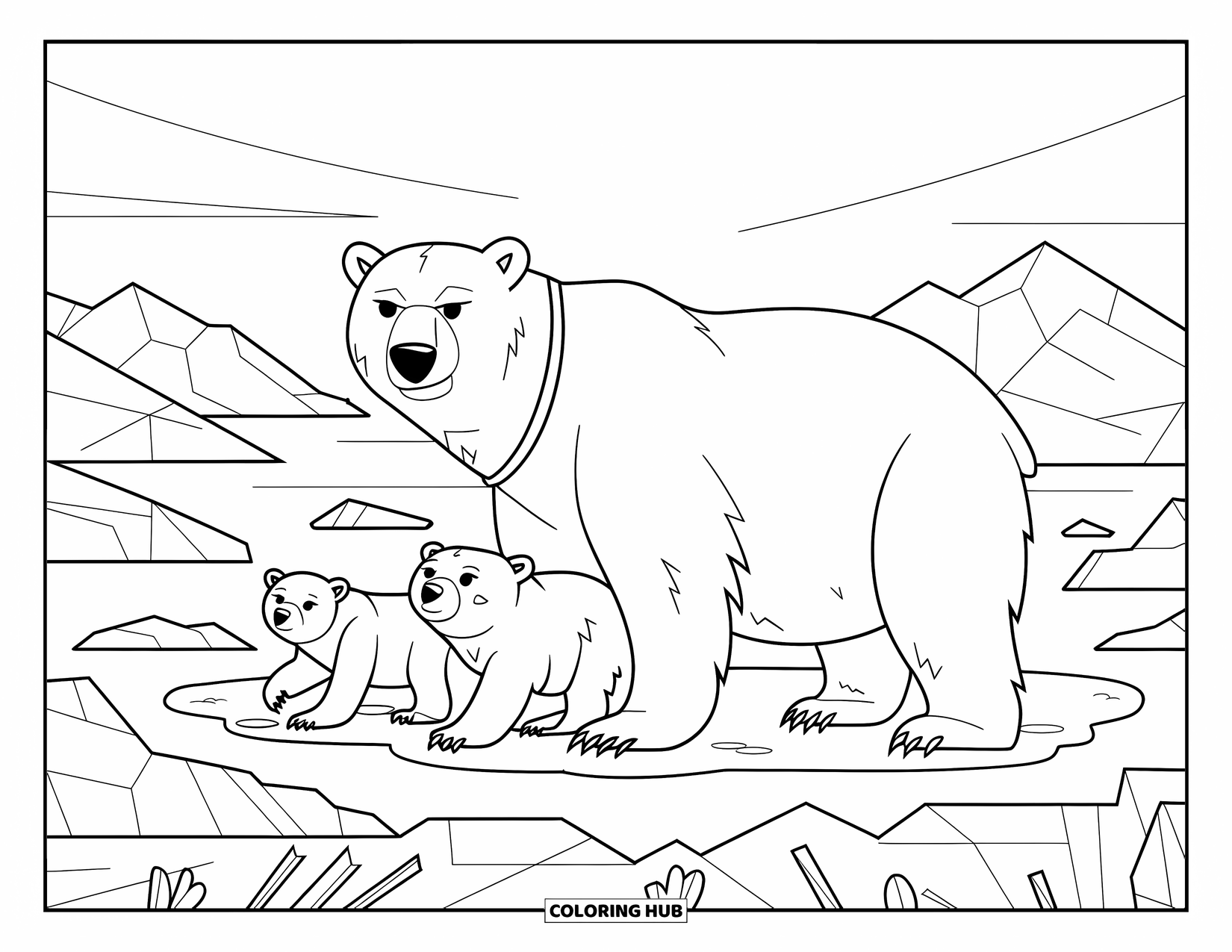 Kolorowanka z niedźwiedziem polarnym dla dorosłych: Mama niedźwiedzica czuwa nad swoimi figlarnymi małymi niedźwiadkami w spokojnej arktycznej scenerii