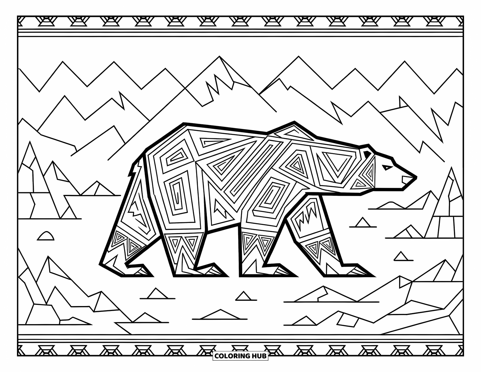Kolorowanka z niedźwiedziem polarnym dla dorosłych: Niedźwiedź polarny w stylu nordyckim z wyrazistymi wzorami, stojący na tle pasma górskiego
