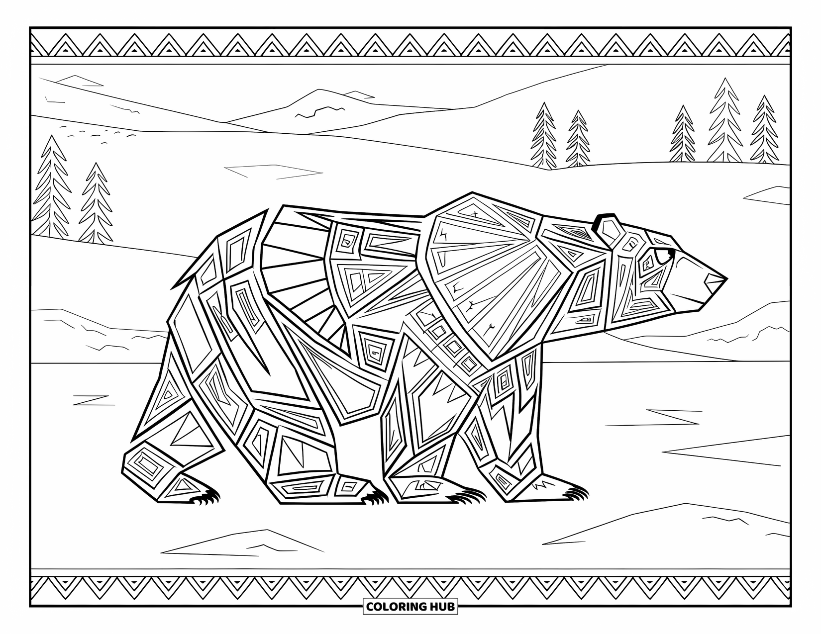 Kolorowanka z niedźwiedziem polarnym dla dorosłych: Wzorzysty niedźwiedź polarny stoi na pokrytej śniegiem ziemi z wzgórzami i drzewami w tle