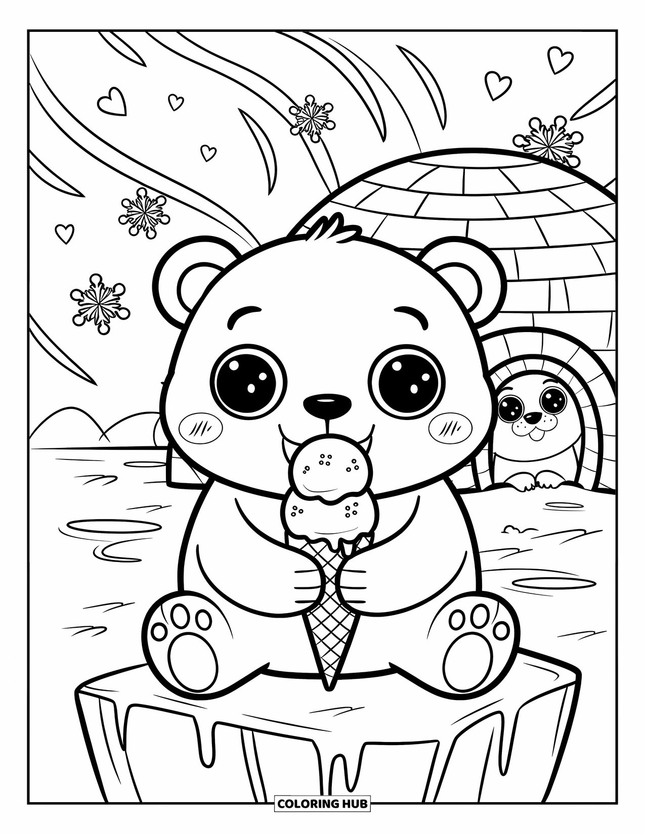 Kolorowanka z niedźwiedziem polarnym dla dorosłych: Figlarny niedźwiedź polarny siedzi na lodzie, trzymając loda, a wokół wirują płatki śniegu