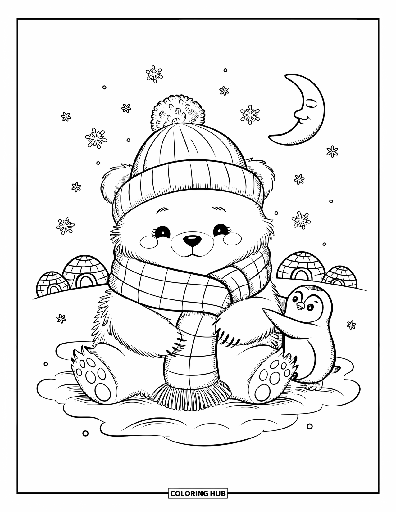 Kolorowanka z niedźwiedziem polarnym dla dorosłych: Mały niedźwiadek polarny owinięty szalikiem i czapką, siedzi na miękkim stosie śniegu