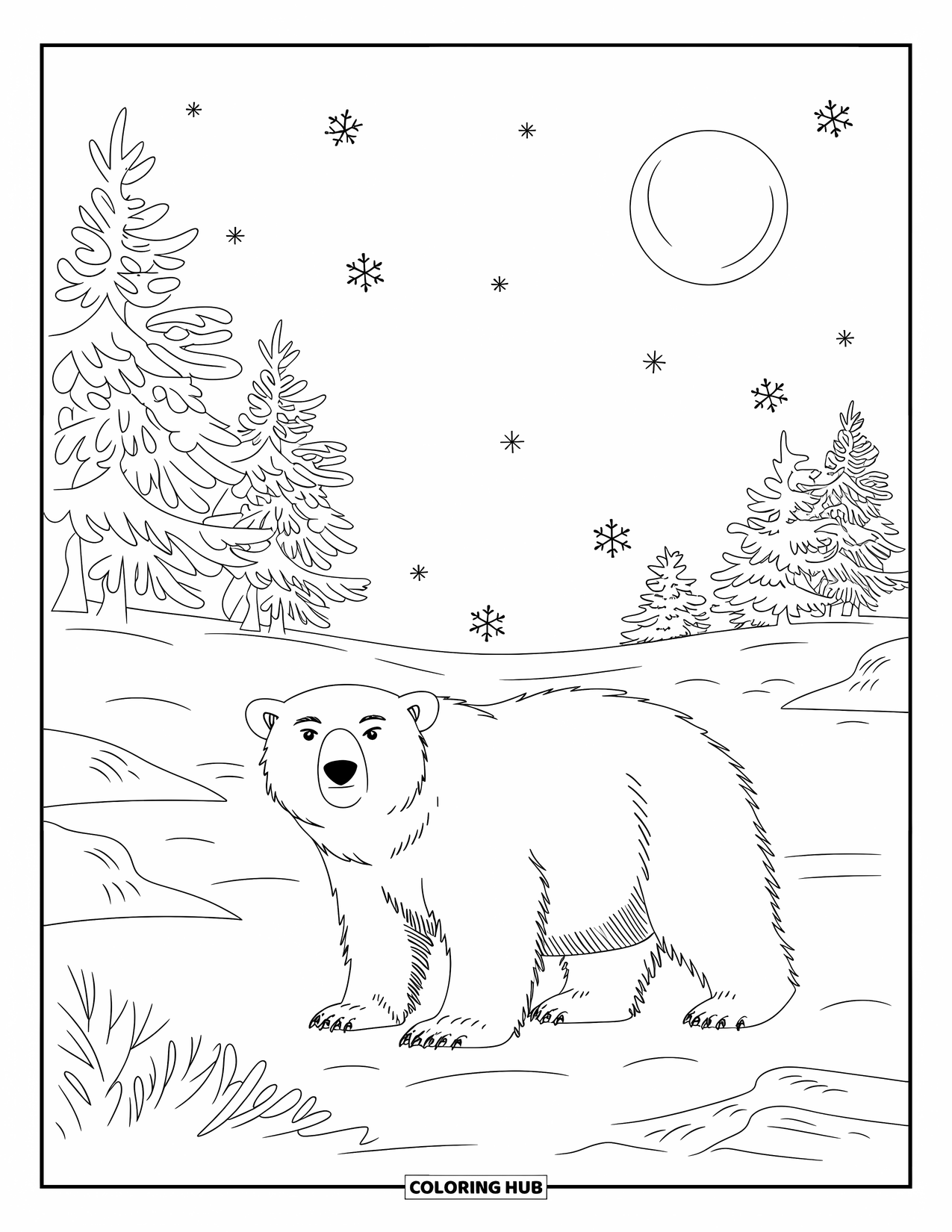 Kolorowanka z niedźwiedziem polarnym dla dorosłych: Niedźwiedź polarny w zimowej krainie czarów, stojący wśród pokrytych śniegiem sosen