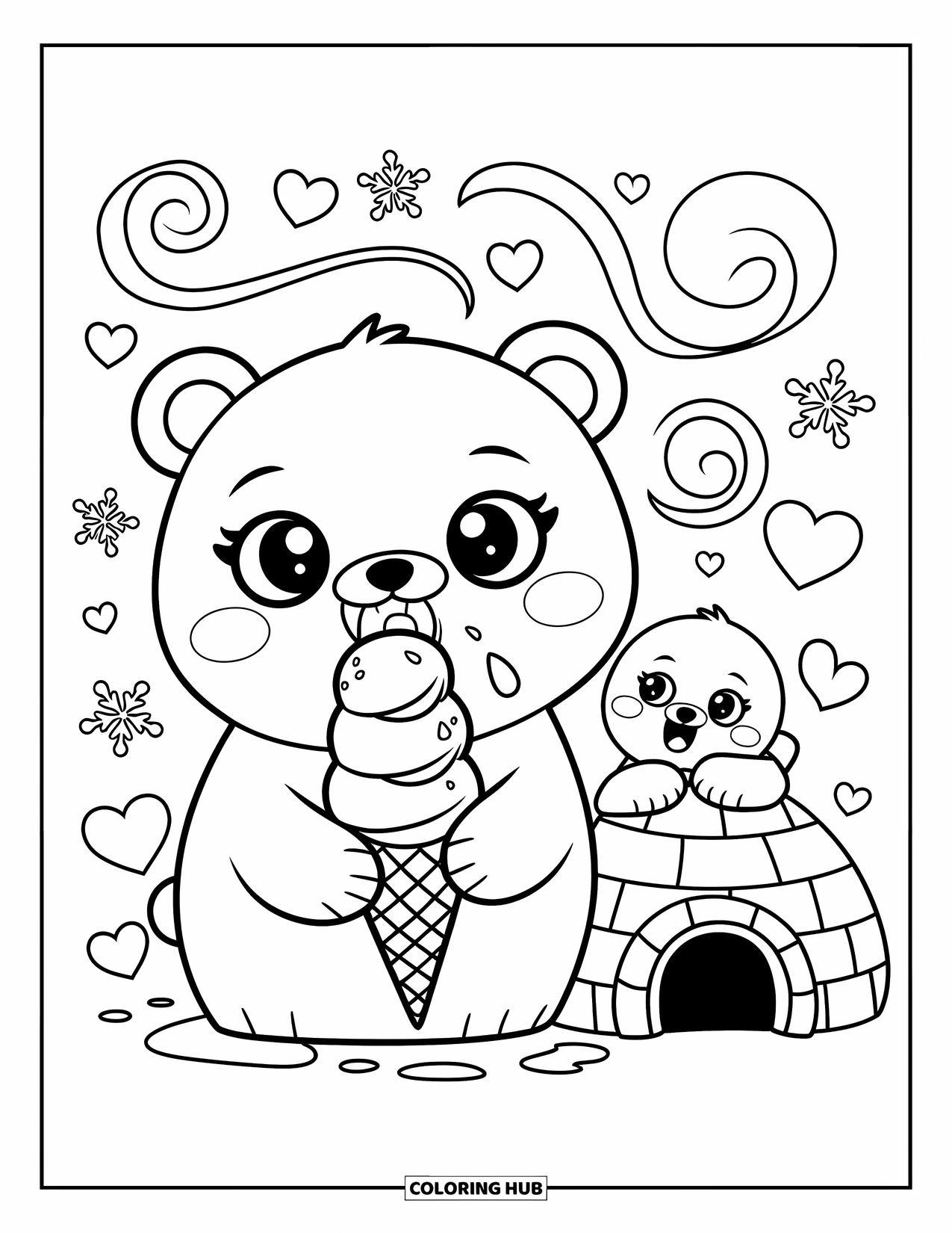 Kolorowanka z niedźwiedziem polarnym dla dorosłych: Niedźwiedź polarny liże loda z trzema gałkami, a w pobliżu znajduje się psotna foka
