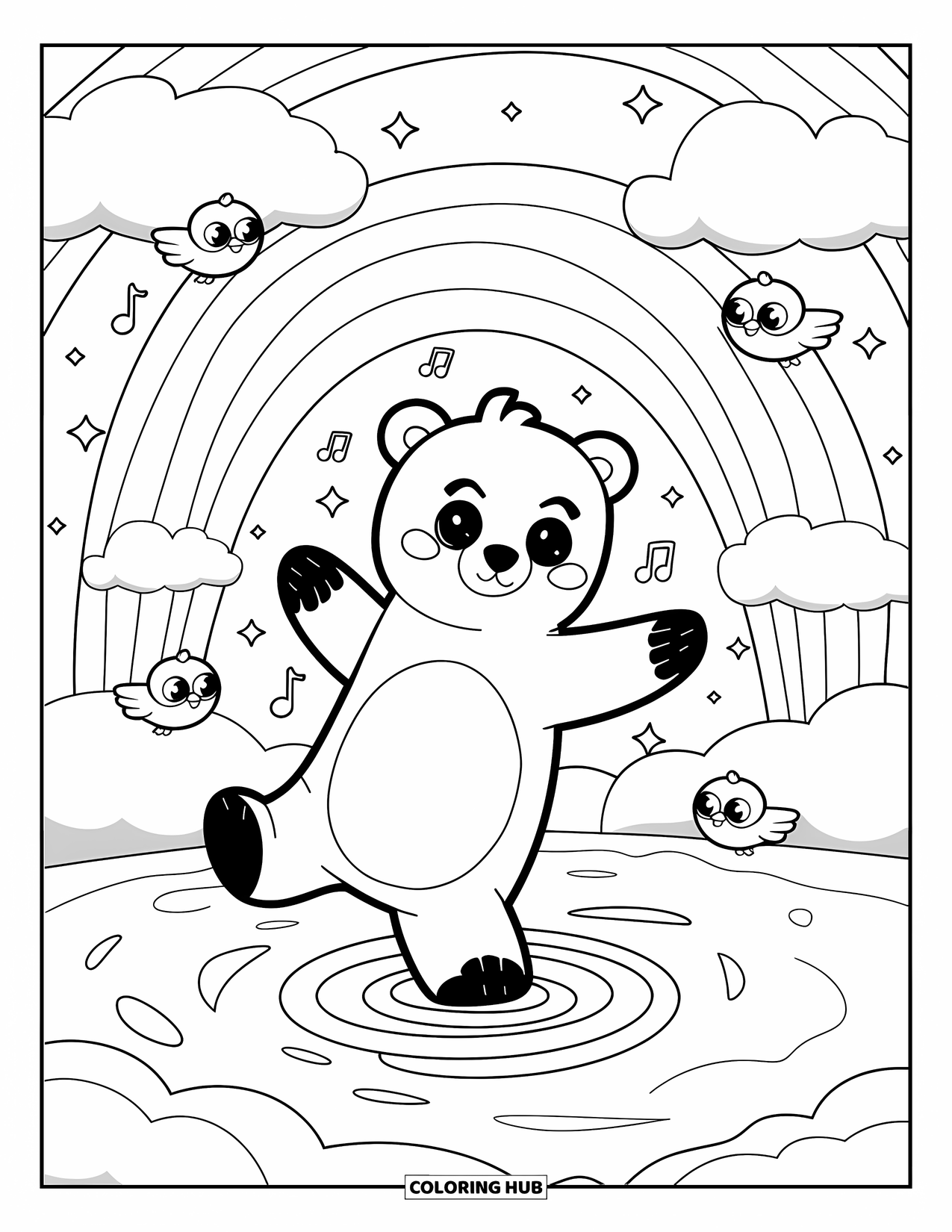 Kolorowanka z niedźwiedziem polarnym dla dorosłych: Niedźwiedź polarny wiruje na zamarzniętym stawie, tańcząc pod delikatną tęczą