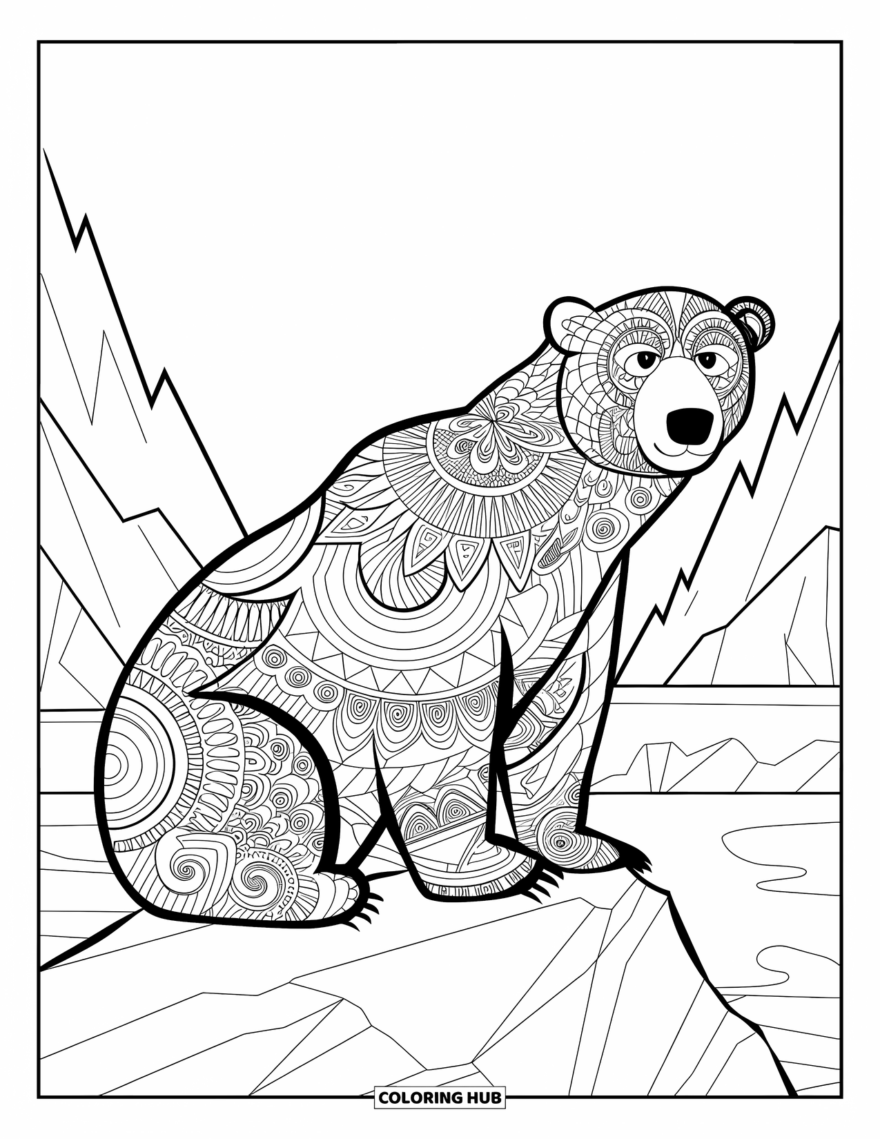 Kolorowanka z niedźwiedziem polarnym dla dorosłych: Niedźwiedź polarny ze skomplikowanymi wzorami mandali, siedzący na skale w spokojnym lodowym krajobrazie