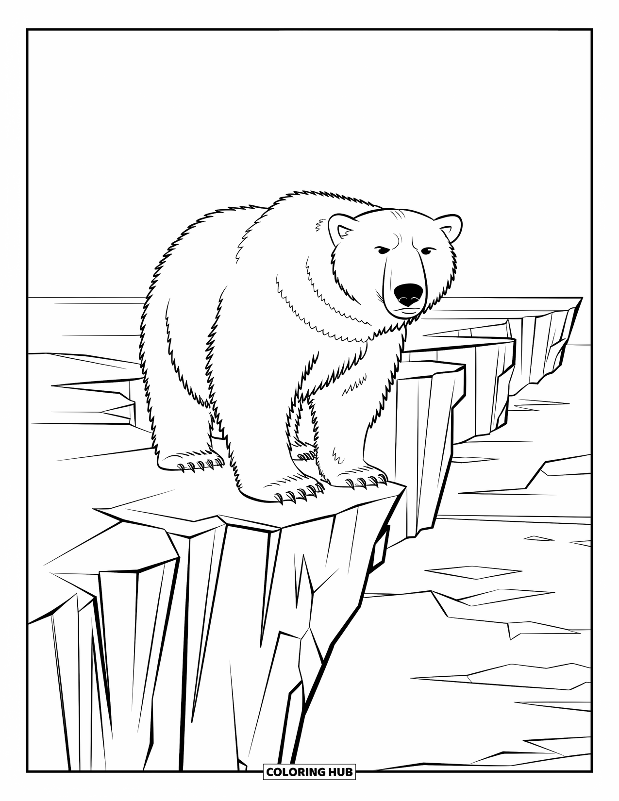 Kolorowanka z niedźwiedziem polarnym dla dorosłych: Niedźwiedź polarny z grubym futrem stoi na popękanej, teksturowanej formacji lodowej