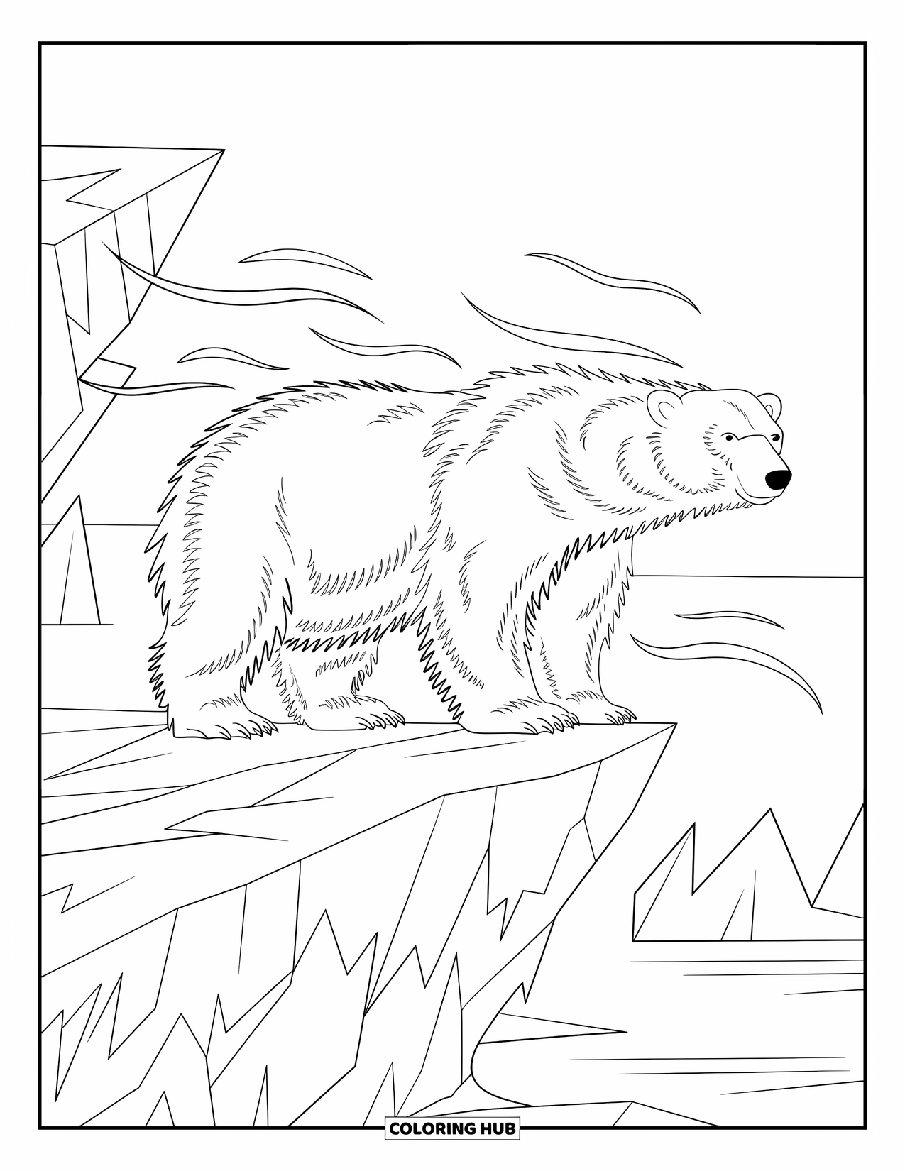 Kolorowanka z niedźwiedziem polarnym dla dorosłych: Potężny niedźwiedź polarny stawia czoła wiatrowi na wysokim lodowym szczycie w Arktyce