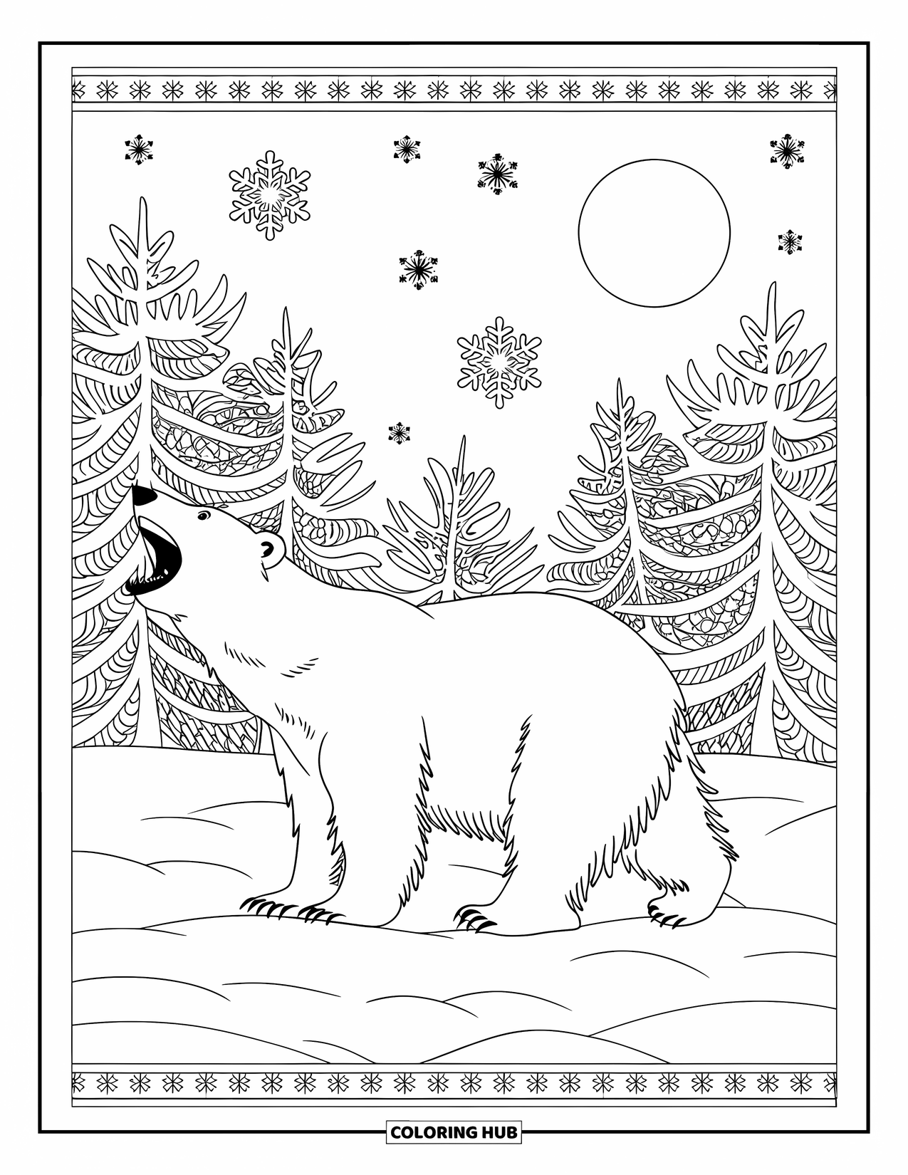 Kolorowanka z niedźwiedziem polarnym dla dorosłych: Ryczący niedźwiedź polarny z płatkami śniegu unoszącymi się wokół, oświetlony zimowym księżycem