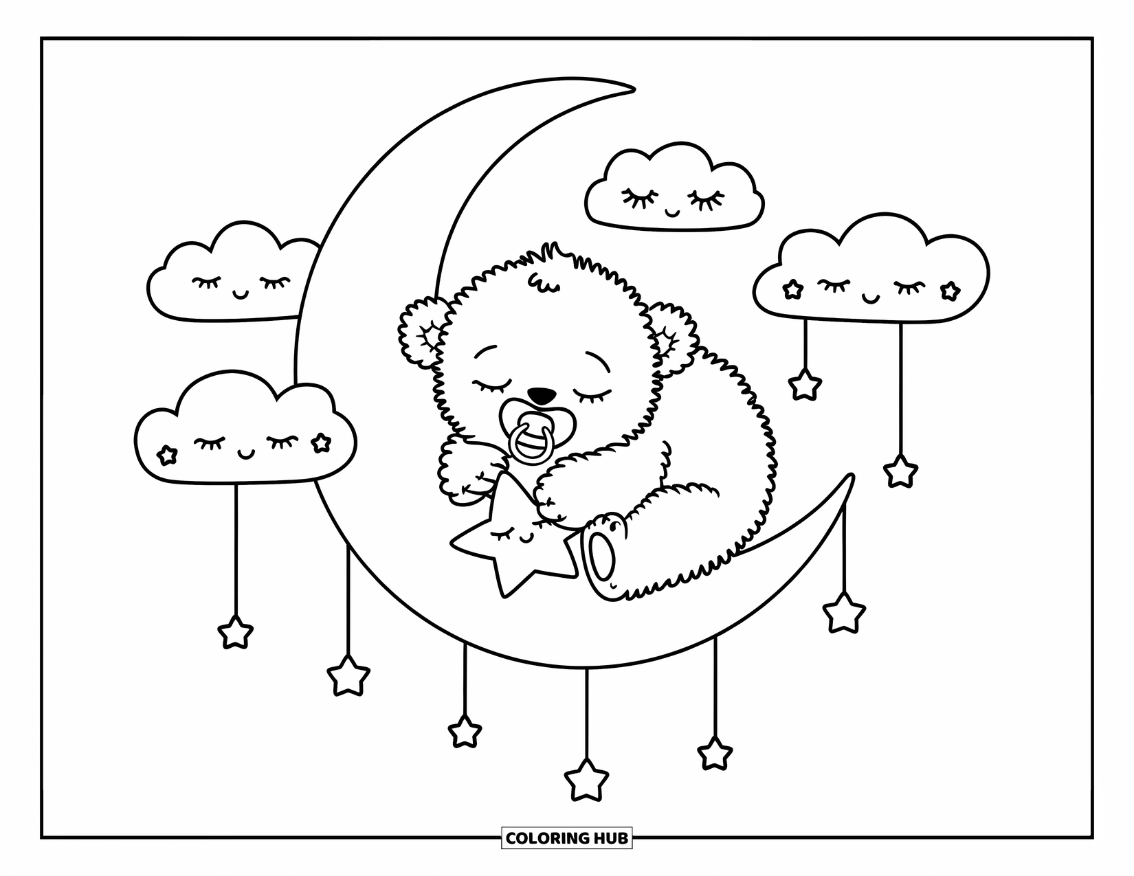 Kolorowanka z niedźwiedziem polarnym dla dorosłych: Śpiący niedźwiedź polarny przytula pluszową gwiazdę, unosząc się wśród uśmiechniętych chmur i maleńkich gwiazd