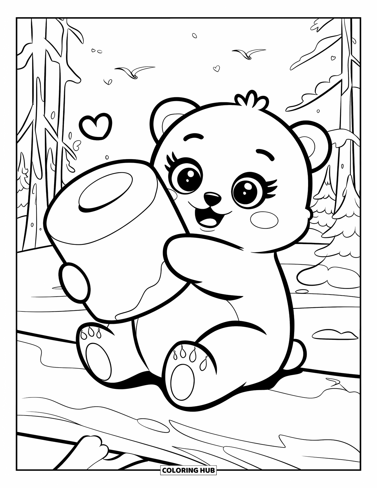 Kolorowanka z niedźwiedziem polarnym dla dorosłych: Malutki niedźwiedź polarny delektuje się pianką, z sercem unoszącym się nad jego głową