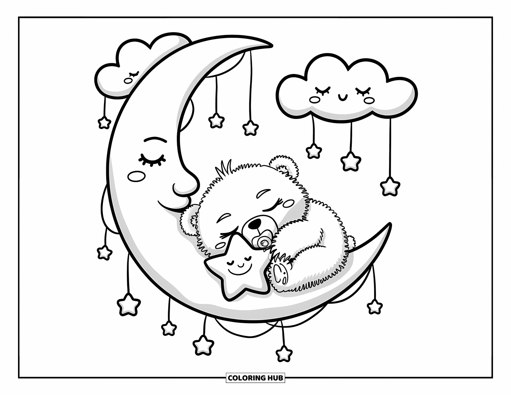 Kolorowanka z niedźwiedziem polarnym dla dorosłych: Malutki niedźwiedź polarny śpi na sierpie księżyca, a w pobliżu dryfują miękkie chmury