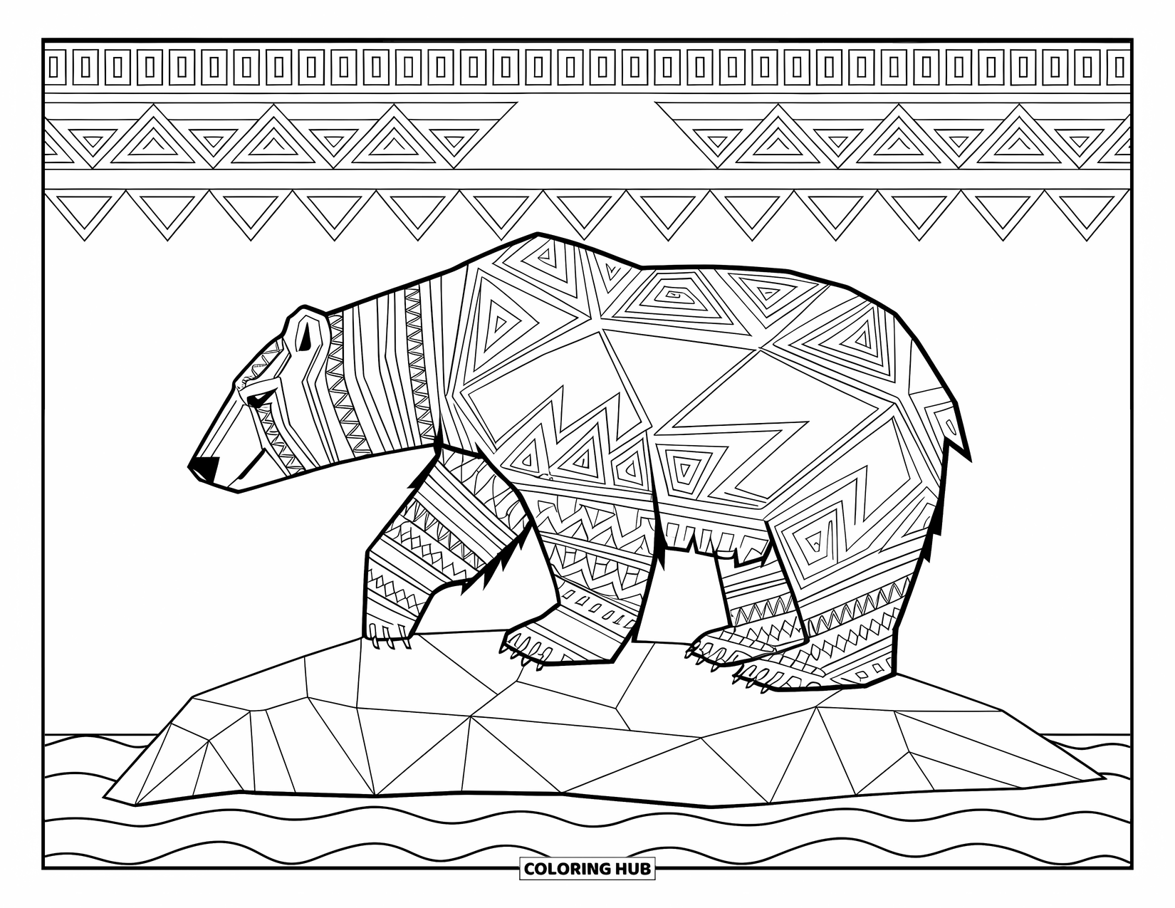 Kolorowanka z niedźwiedziem polarnym dla dorosłych: Niedźwiedź polarny inspirowany motywami plemiennymi siedzi na skale, otoczony skomplikowanymi wzorami