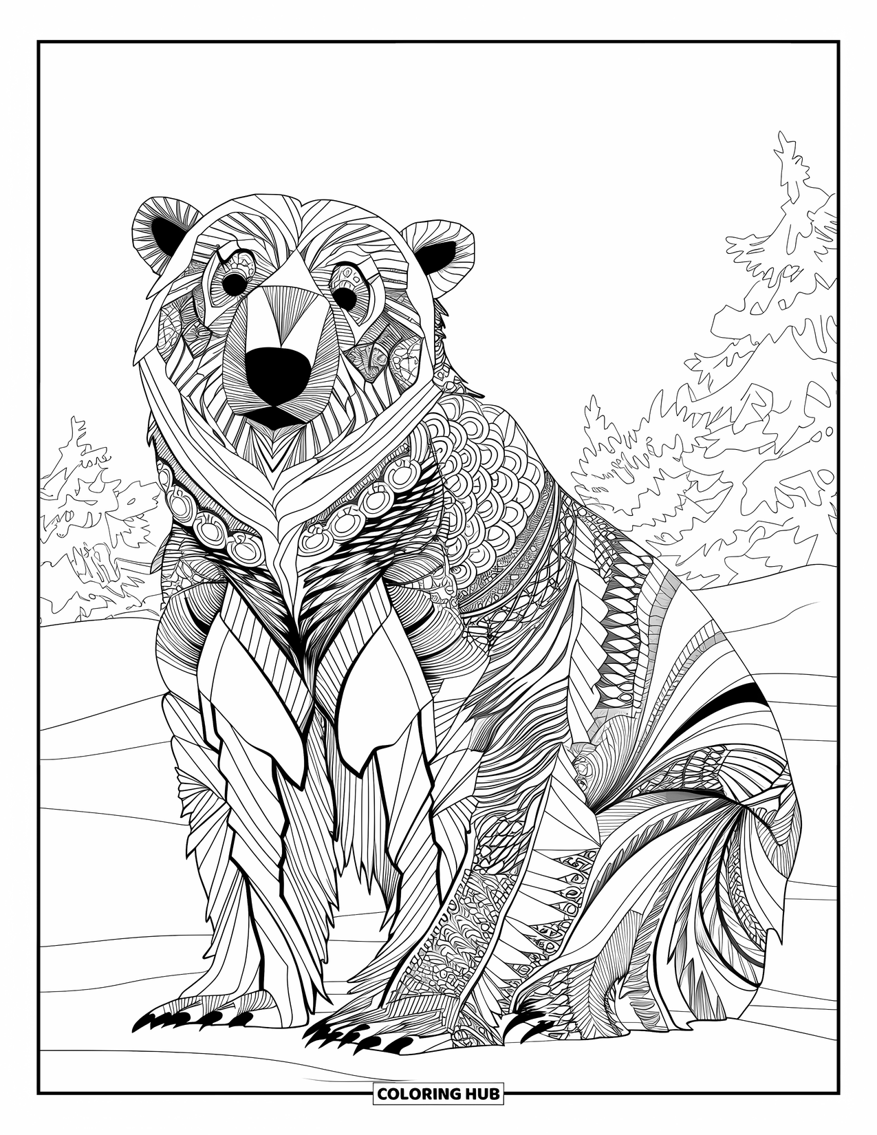 Kolorowanka z niedźwiedziem polarnym dla dorosłych: Niedźwiedź polarny w stylu zentangle, wykonany z wirujących abstrakcyjnych wzorów, siedzi w śniegu